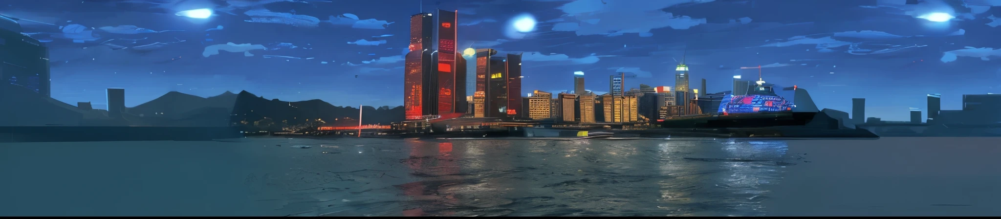 masterpiece,highest quality,nighttime scene of a City with a large body of water, Shenzhen, beautiful City of the future, Beijing, City, skyline showing, Giant red LED screen, Hangzhou, Luminous matte painting, City in backround, stunning images, Wide-angle lens, Wide-angle lens, 2030, City backdrop, shanghai City, City of the future