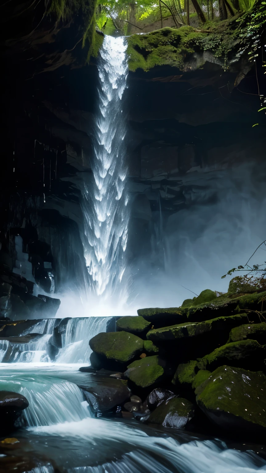 from below, best quality, 32k, RAW photo, cave behind the waterfall The falling water of the waterfall, water smoke, water droplets, incredibly absurdres, extremely detailed, delicate texture, slow motion, stillness, motion-blur, action-lines, speed-lines, artistic