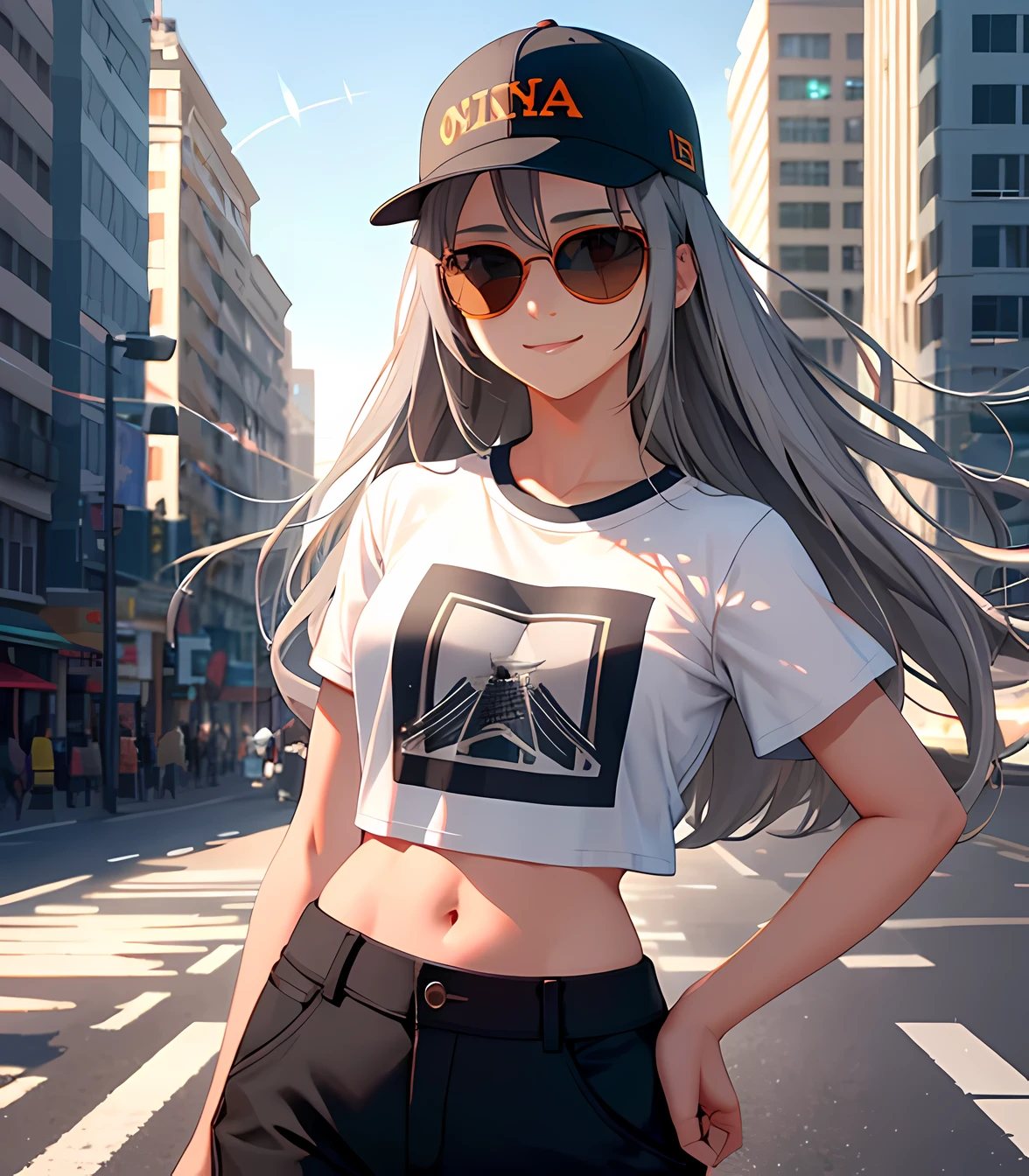 masterpiece, best quality, 1 girl, gray hair, orange eyes, baseball cap, (wearing sunglasses:1.3), t shirt, midriff, cargo pants, tiny smile, urban area, stylish, sunny, (upper body:1.3), (angle shot), buildings, lens flare