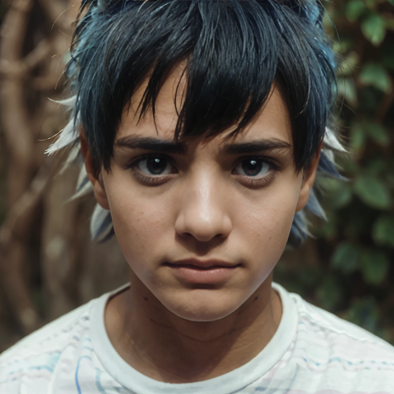 Make a boy with a blue haze with white stripes,cabelo marrom olho marrom 