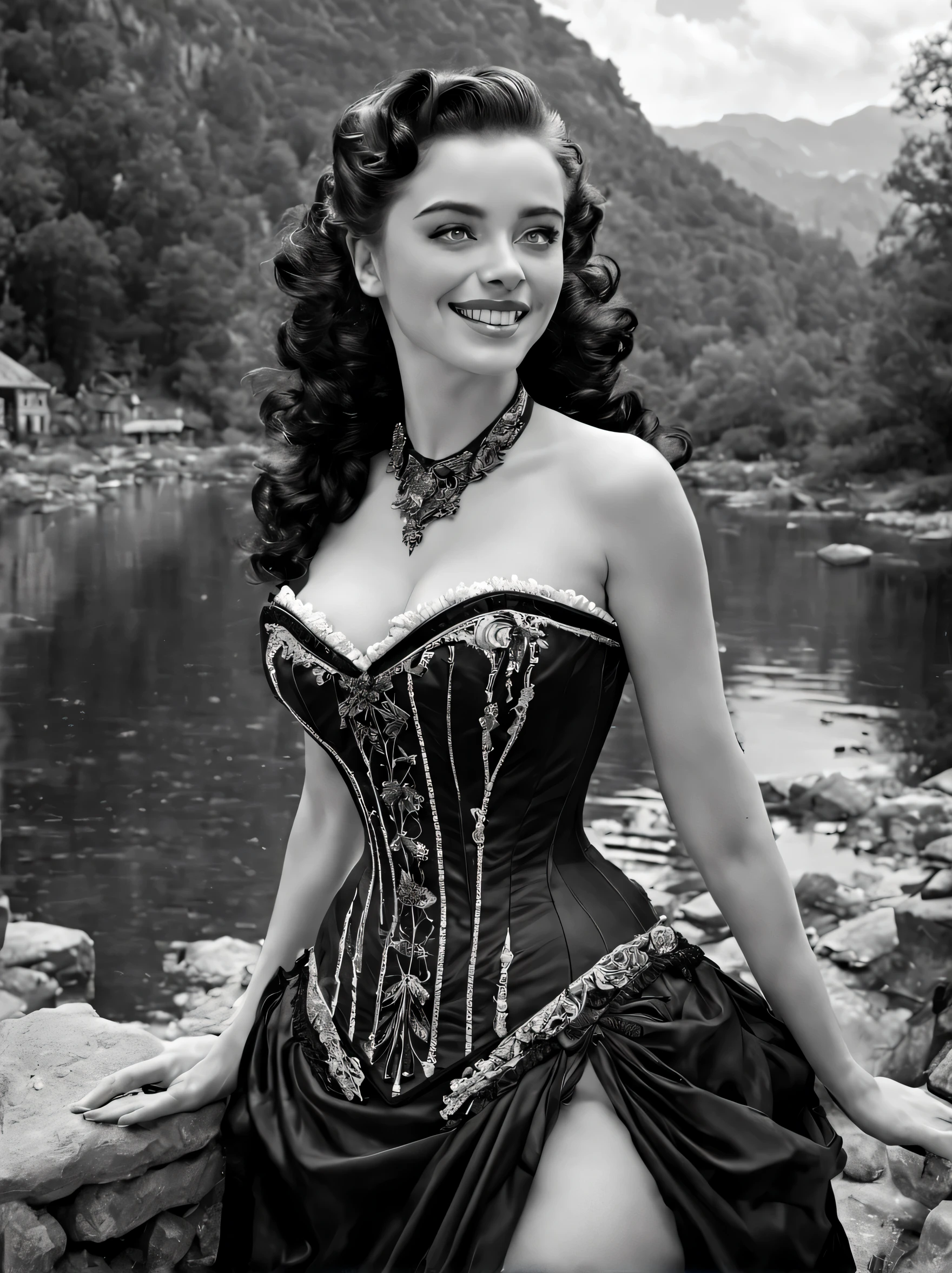 [best quality,highres:1.2],ultra-detailed,(realistic:1.37),(mid day),(vivid colors, rich coloredieval:1.1) female waif, large tits, [pretty detailed face:(1.1)], smiling, long [black curly hair, detailed curls:1.1], (bright blue eyes:1.3), walking on [cobblestones, detailed cobblestones:1.1],daytime scene,(nostalgic mood),stock photo, Beautiful read and green Victorian detailed ornate corset, [detailed clothing: 1.1],[detailed surroundings:1.1],[shore of a beautiful mountain lake, [mysterious ambiance:1.1], (full body picture:1.6), (1950s Black and White Sci Fi Movie Poster style:1.6).