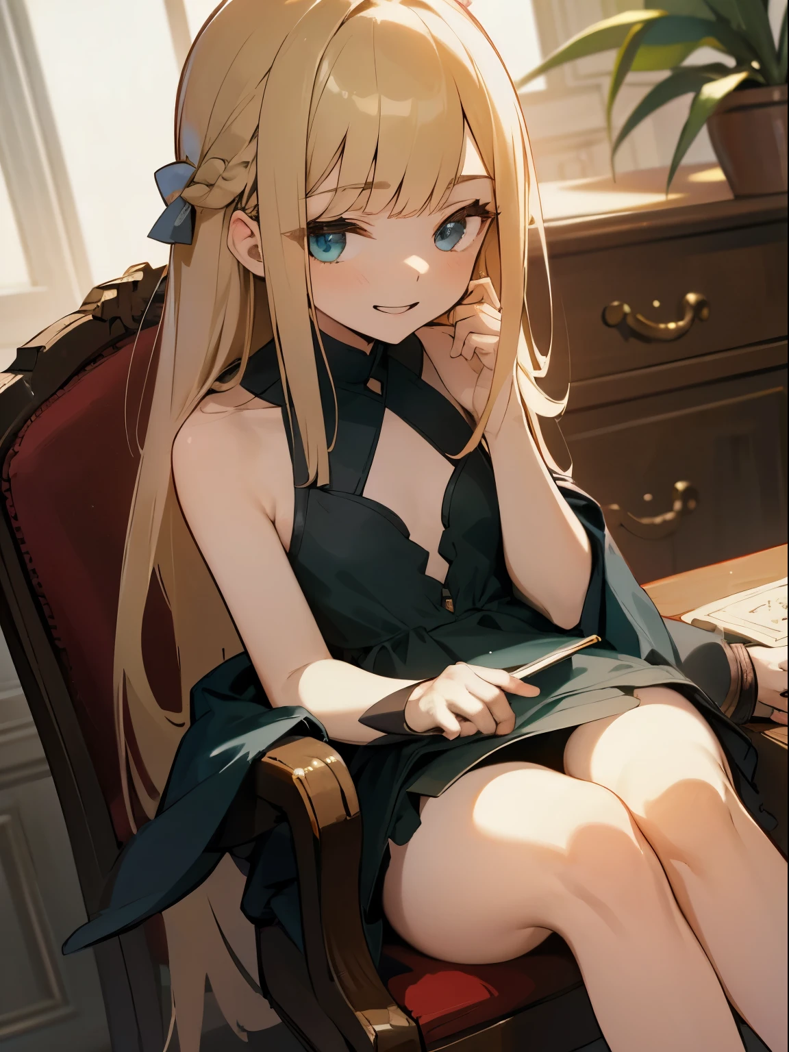 Reines, 1girl, high quality, best quality, illustration, masterpiece, (highly detailed:1.2), (extremely detailed:1.3), flat chest, strapless dress, bare shoulders, young girl, mini skirt, braid, (children:1.2), slender thighs, , in a house, sitting on chair, smiling, studying, desk,