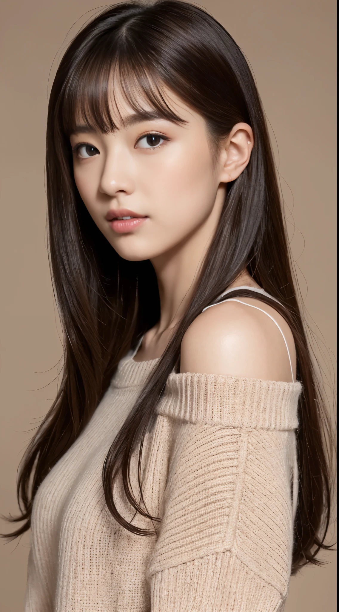 ((top quality, 8k: 1.3)), beauty, 1 Japanese girl: 1.3, light brown hair with highlights, detailed face, highly detailed lips, fine eyes, double eyelid, tight knit sweater: 1.5, sexy, sexyなパンティー, simple background