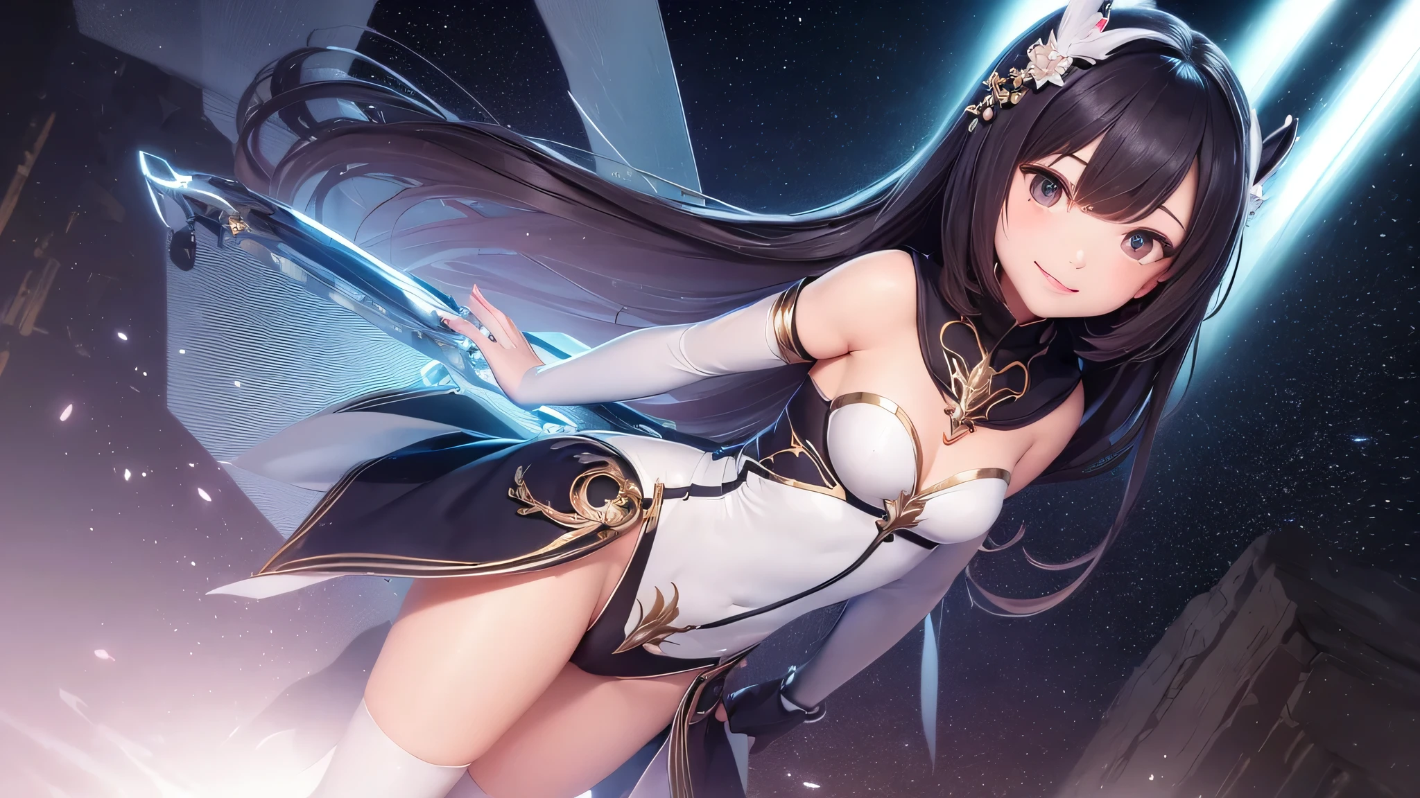 (girl1名:1.2),((highest quality)),(Super detailed), written boundary depth, cinematic lighting, detailed costume, Rich details and textures, particles of light, Lens flare, Fine dust reflected in the light, girl, cute,cute,beautiful,nice, unknown planet, cave exploration, darkness, dynamic angle, dynamic pose, sharp focus, close, strong wind blows, From above, lure, colorful,smile shyly, view from behind,
