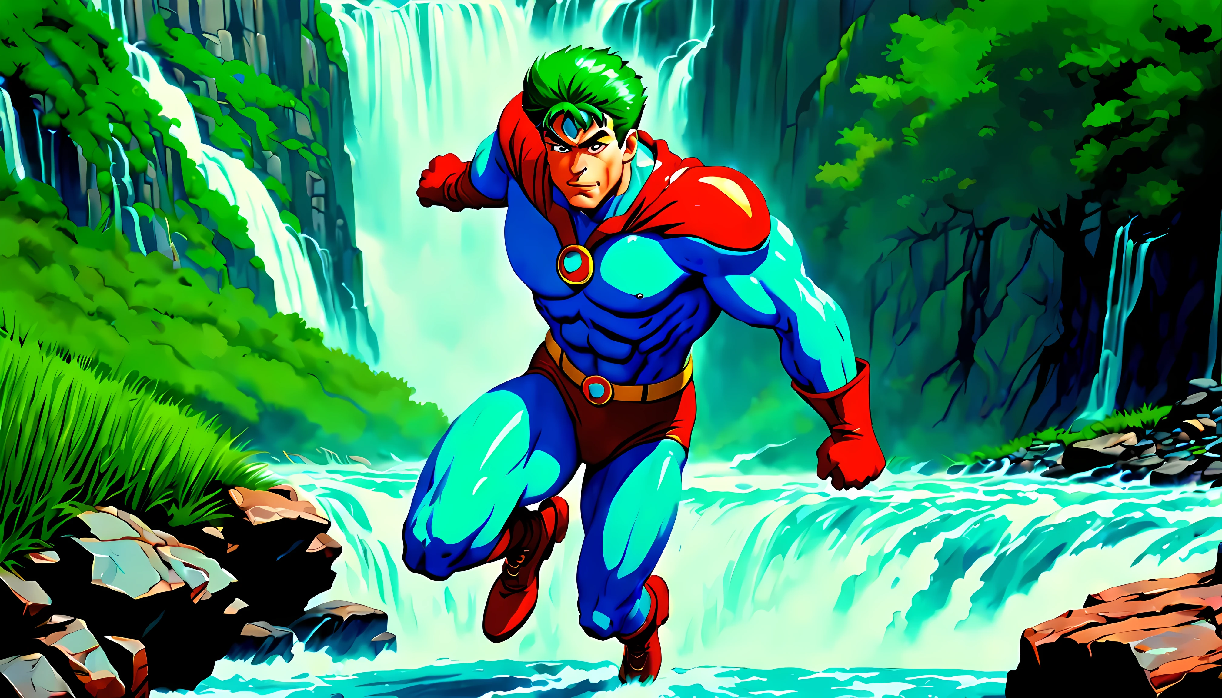 Oil Painting, Captain Planet soaring through the air, perilous above a waterfall, rushing torrent of massive raging rapids, 1990's aesthetics from animated tv show Captain Planet is a muscular blue superhero with a long grass-green mullet and brown eyes. His skin is crystal blue and he wears a red collar, red gloves, red trunks, and red boots.  hyperrealism, hyperreality, hyperrealistic, Captain Planet resemblance, sense of scale depth height vertigo, sense of movement and energy, art style and aesthetic of Captain Planet, Watercolor rich color grading for shading depth, 
