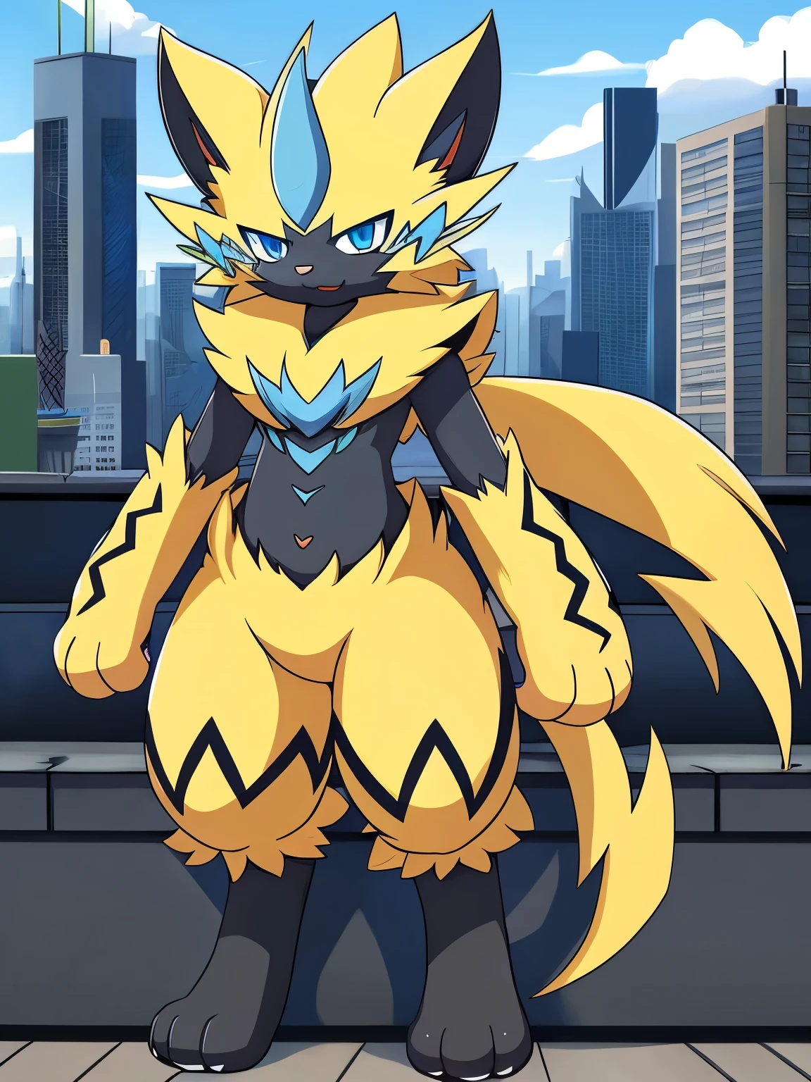 (zeraora),(Zeraora Pokémon),(yellow fur),(blue eyes),((Big city)), (anatomically correct) (Fluffy) (furry) (fuffy paws) (face,blushing) (blue pupils) ((full body))|(best_quality:0.7) 