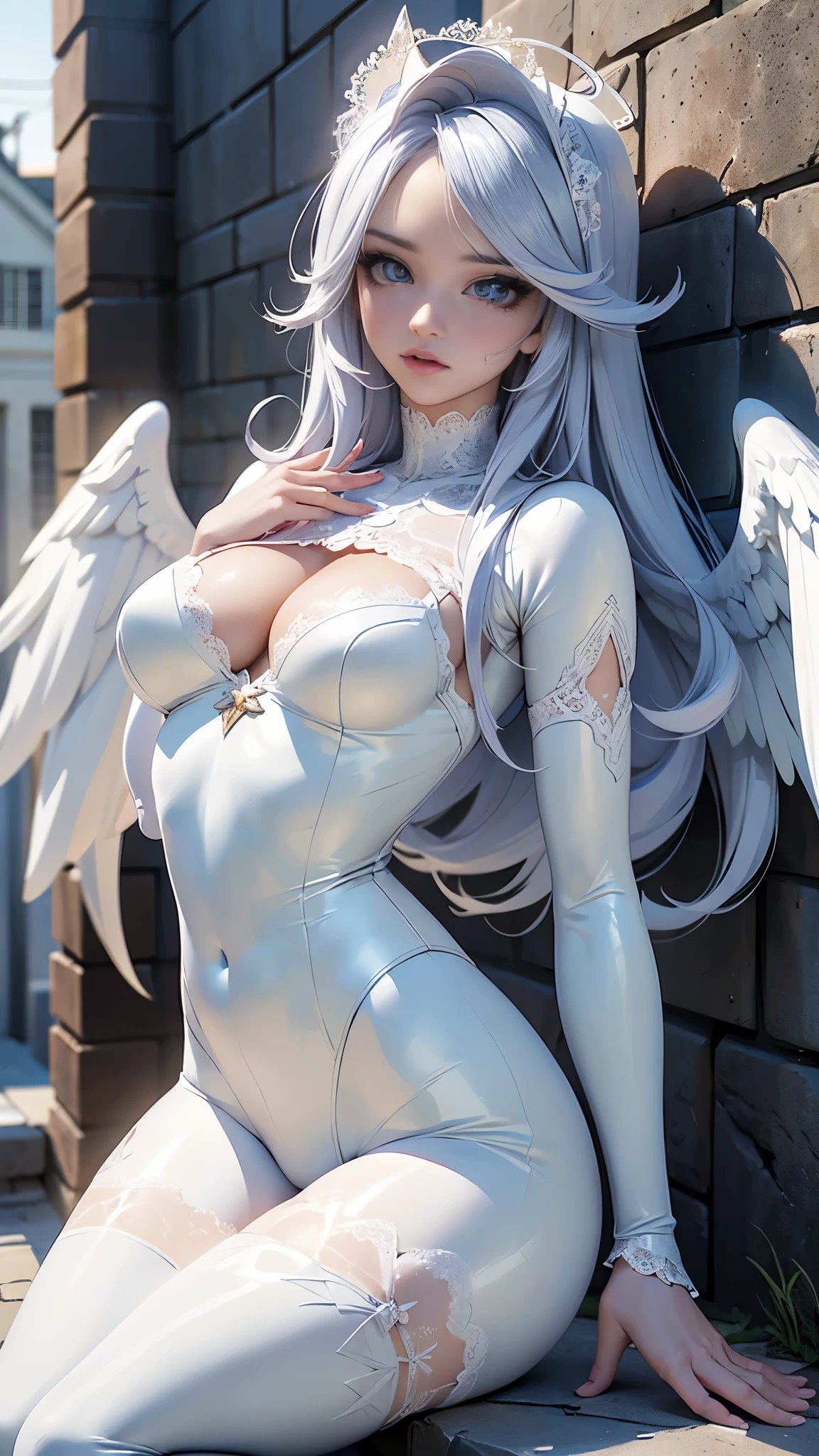 (La mejor calidad,A high resolution,Ultra - detallado,actual),night Ariana Grande anime - style image of a woman with angel wings on a large stone wall alley ,( Sexy Ladylove Babydoll Lingerie white :1.4 ) , (Bodysuits Sleepwear Floral Lace Lingerie Baby doll white :1.4) , deidad de pelo blanco, (alas angelicales en su espalda:1.4) , beautiful cyborg angel girl, (beautiful succubus) , Diosa del anime, of Beautiful angel, Beautiful angel, arte de anime digital detallado, hermosa y seductora mujer anime, (angel knight girl) , Arte detallado de alta calidad 8K, More detailed 8K.motor irreal:1.4,UHD,La mejor calidad:1.4, fotorrealista:1.4, textura de la piel:1.4, obra maestra:1.8,obra-prima, mejor calidad,objeto Objeto], (detailed face features:1.3),(Las proporciones correctas),(Ojos hermosos azules:1.4 ),  (pose vaquero), (dedos detailed 2.1 ), (BodySuit white de encaje red:1.4), (estilo kawaii :1.4 ),,( ciberpunk 2.1),( background alley walls big stones :1.4), (Big Angel Wings:1.4), (Detailed face 2.1) 