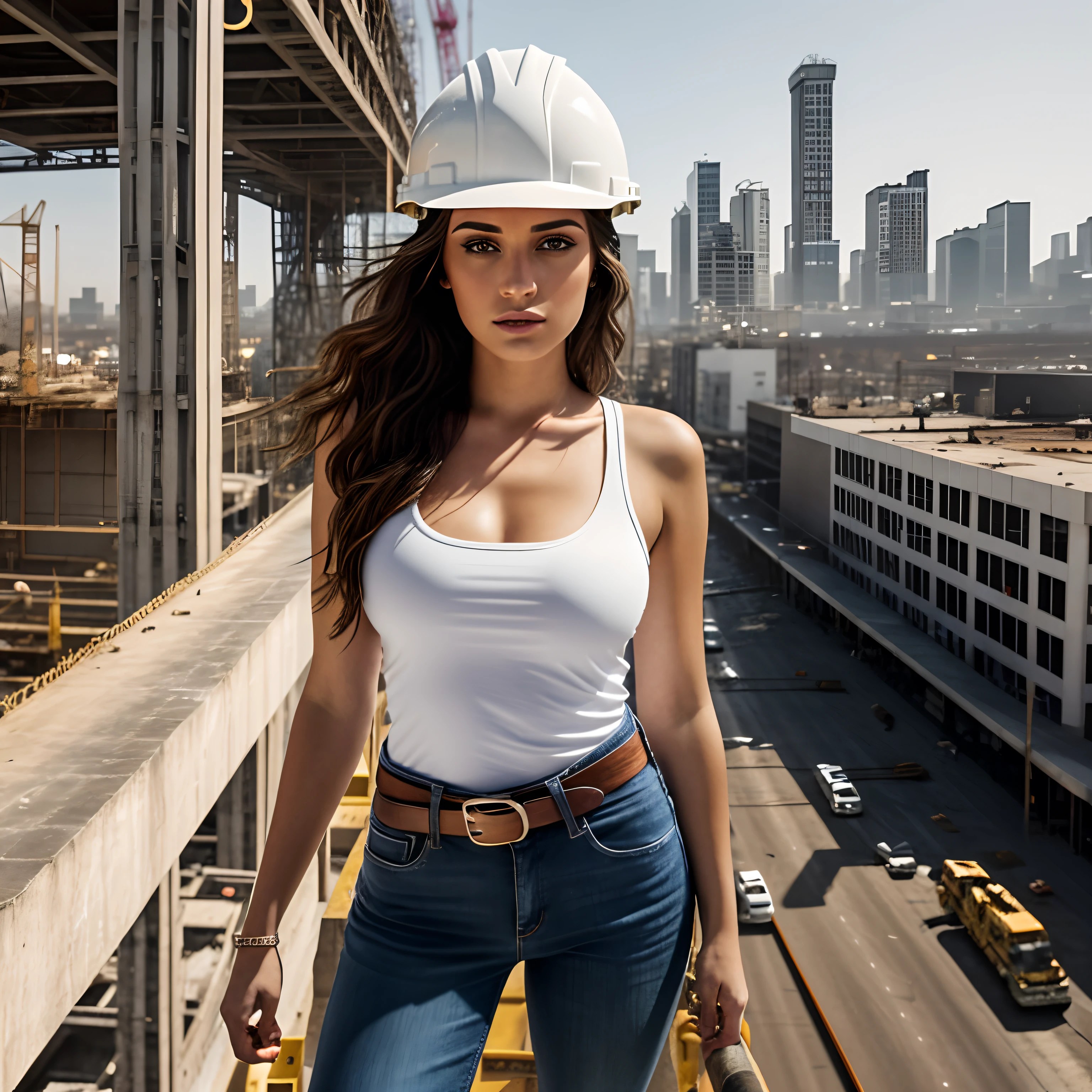 wide shot, photography of a stunning girl, serious expressions, wearing formfitting white low cut T-shirt and skinny jeans below a high visibility vest and a carpenters toolbelt, full bust visible, wavy hair pouring out from under a hard hat, standing on a steel beam, high above the city, acrophobia, construction site below, tall building under construction, intense look and makeup, looking away from viewer, symmetrical eyes, symmetrical face, photorealistic, photography, path tracing, specular lighting, volumetric face light, path traced hair, visible shadows, intricate, elaborate, hyper realistic