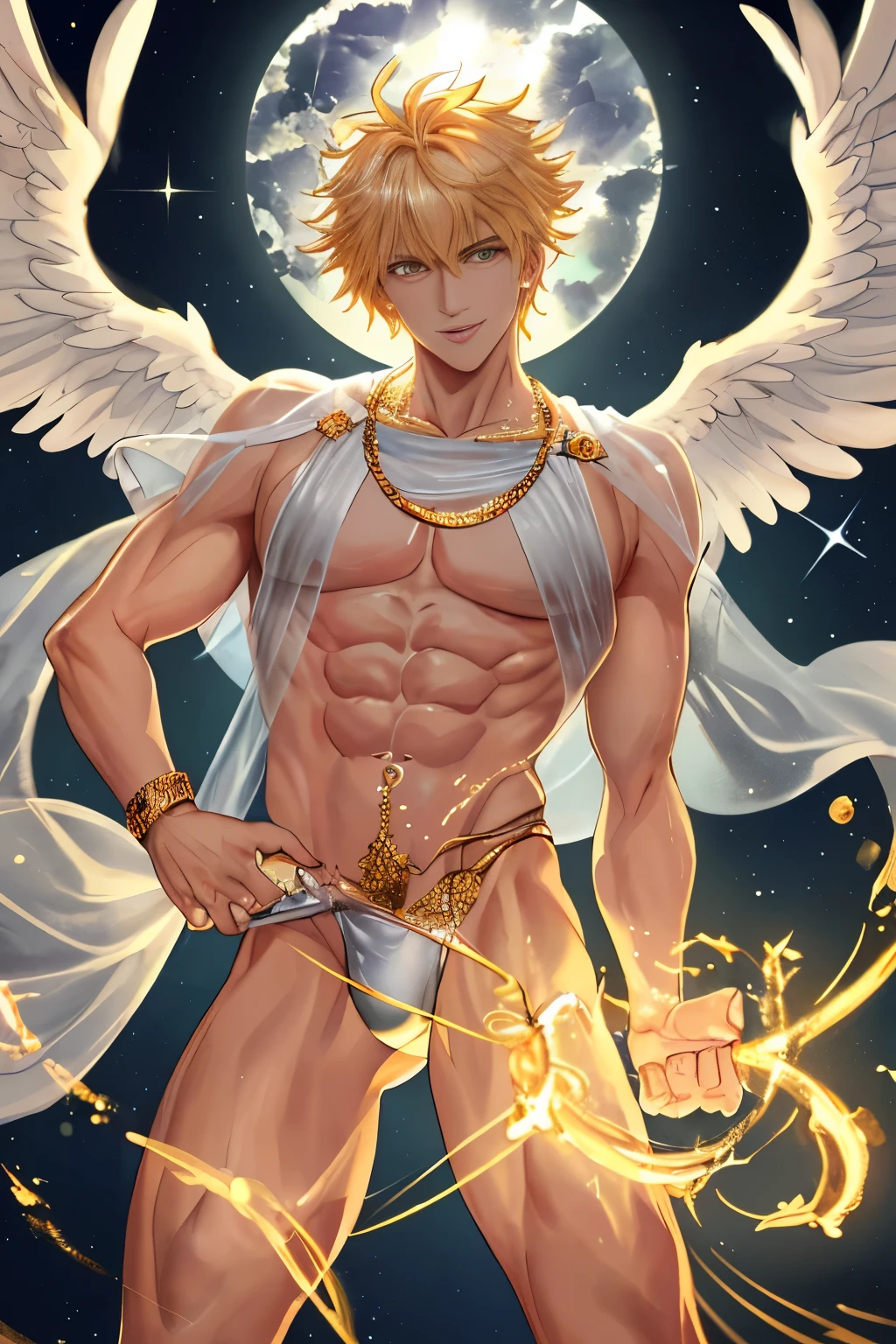 A male angel in a celestial scene, radiating sensuality as he dons short garments that accentuate his chiseled physique. His aura, a radiant glow of light, emanates from his headed as he fixes a vibrant gaze upon the viewer, his smile meticulously crafted. Clad in a short, transparent toga of wine-colored hue, his toned legs are exposed, adding to his magnetic and divine presence. He adorns himself with golden bracelets that glisten in the ethereal light and possesses a large, visibly prominent penis. nsfw, Mxl
(Best quality, masterpiece:1.4), (