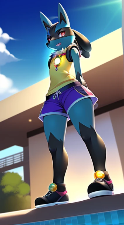 subido en e621, (((por Tsampikos))), Only women (((Lucario))), tener puesto (((pulsera dorada y joyas y camiseta y shorts))), (detallado lucario), (detailed lighting),(piel detallada), (pechos detallados), (Piel detallada), ROMPER, ((Standing in the outdoor pool of the hotel suite with floor on a sunny day)), (cinematic lighting), ((antecedentes detallados)), ((Profundidad de campo)), (sombra de medio cuerpo), ((Mirando al espectador)), (low angle view), ((vista de tres cuartos)), [contraluz], [luz ambiental detallada], [gray natural lighting], [luz ambiental en el vientre], [proporciones realistas], [explicit content, adulto, NSFW], [sharp focus], (contenido cuestionable), (sombreado), (hola remasterpiece)), ojos medio cerrados