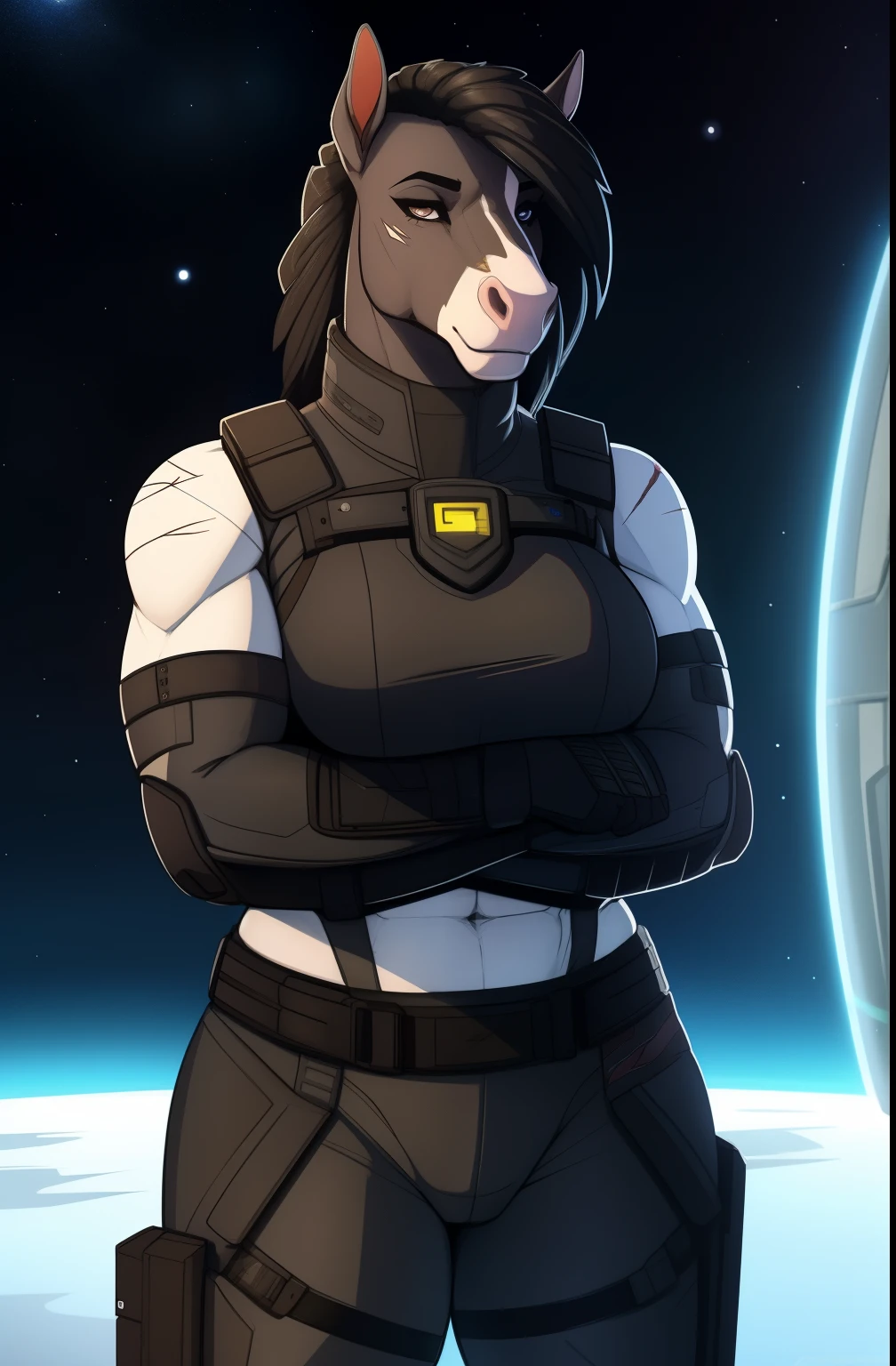 Curvy_muscular_draft_horse horse_snout female black_hair dark_gray_furry_body gray_eyes scars solo Masterpiece best_quality absurdres highly_detailed well_drawn_eyes anthro_only by_claweddrip, by_greasymojo, by_underscore-b, by_runawaystride heavy_power_armor tactical_vest space_marine