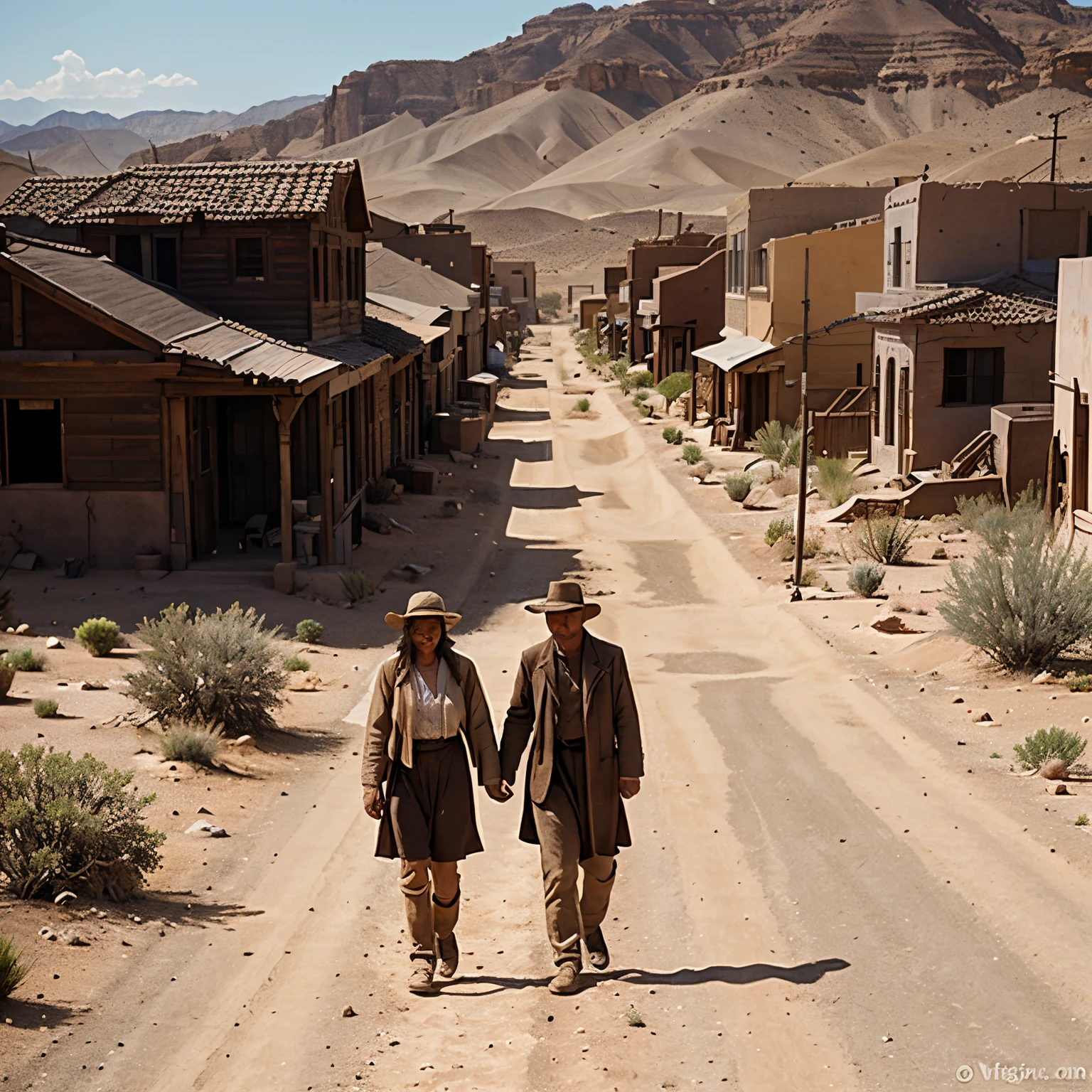 Arid, desert town, year 1898, with people walking around the streets, dirt and gravel roads