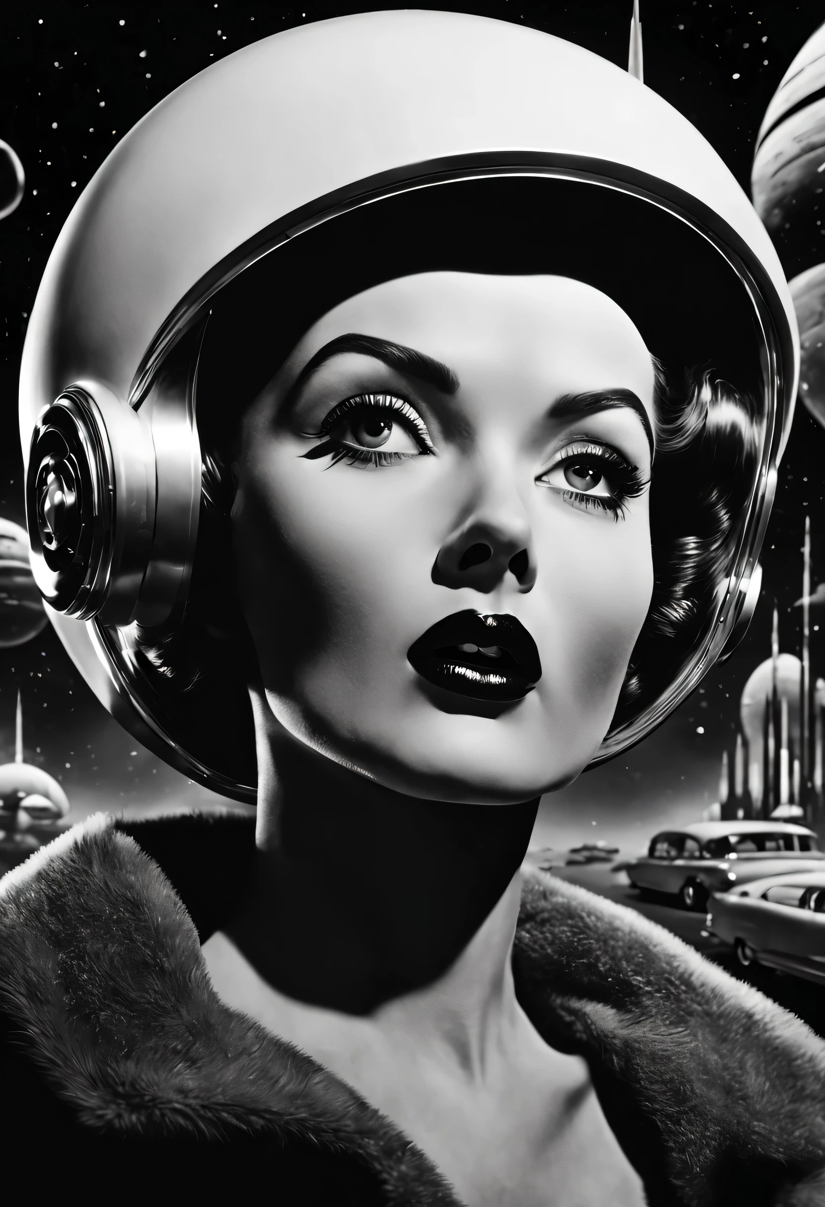 "A hyper realistic, high-resolution (8k), (best quality,sharp crisp image), demonstrating the style of (1950s Black and White Sci Fi Movie Poster style:1.6). The image features (realistic,photorealistic,photo-realistic) elements that create an immersive experience. The attention to detail and (ultra-detailed) rendering make this piece a (masterpiece:1.2) of art. With its (realistic,photorealistic,photo-realistic) portrayal, the scene transports the viewer to the captivating world of 1950s Black and White Sci Fi Movie Posters, evoking a sense of awe and wonder."