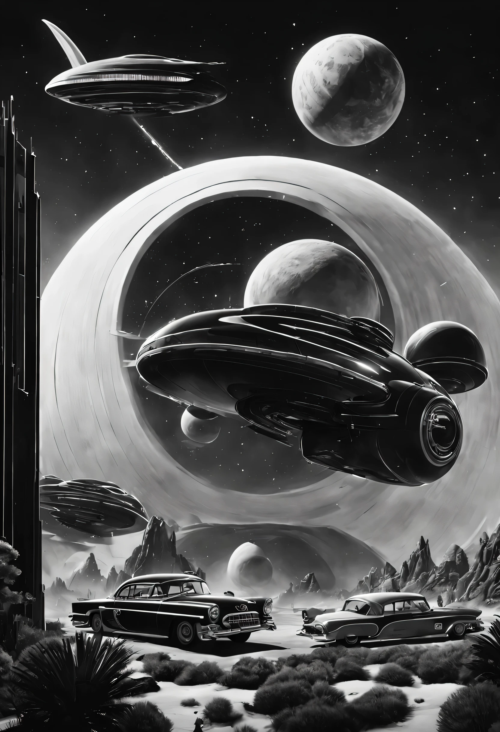 "A hyper realistic, high-resolution (8k), (best quality,sharp crisp image), demonstrating the style of (1950s Black and White Sci Fi Movie Poster style:1.6). The image features (realistic,photorealistic,photo-realistic) elements that create an immersive experience. The attention to detail and (ultra-detailed) rendering make this piece a (masterpiece:1.2) of art. With its (realistic,photorealistic,photo-realistic) portrayal, the scene transports the viewer to the captivating world of 1950s Black and White Sci Fi Movie Posters, evoking a sense of awe and wonder."