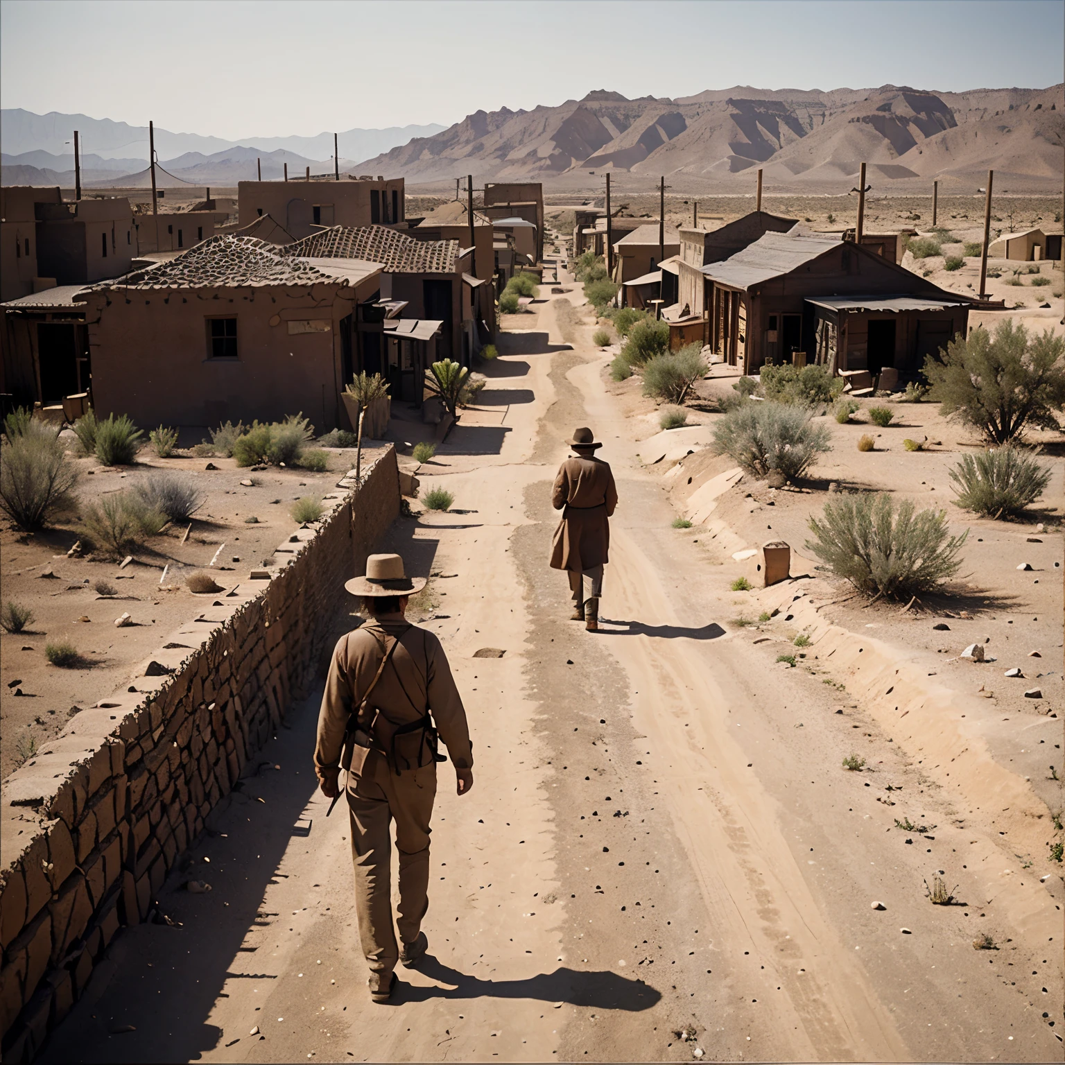 Arid, desert town, year 1898, with people walking around the streets, dirt and gravel roads