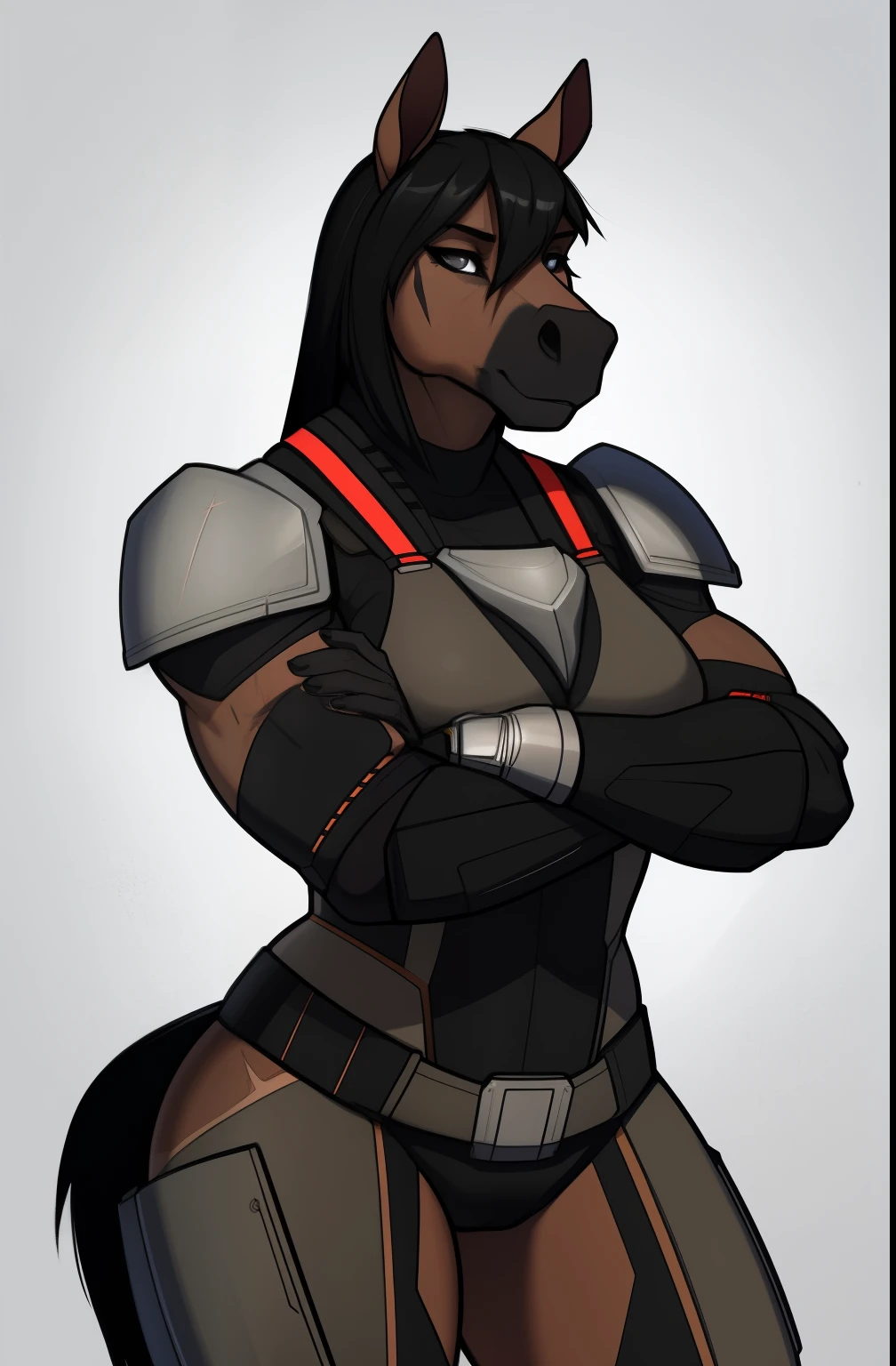 Curvy_muscular_draft_horse horse_snout female black_hair dark_gray_furry_body gray_eyes scars solo Masterpiece best_quality absurdres highly_detailed well_drawn_eyes anthro_only by_claweddrip, by_greasymojo, by_underscore-b, by_runawaystride heavy_power_armor tactical_vest exoskeleton 