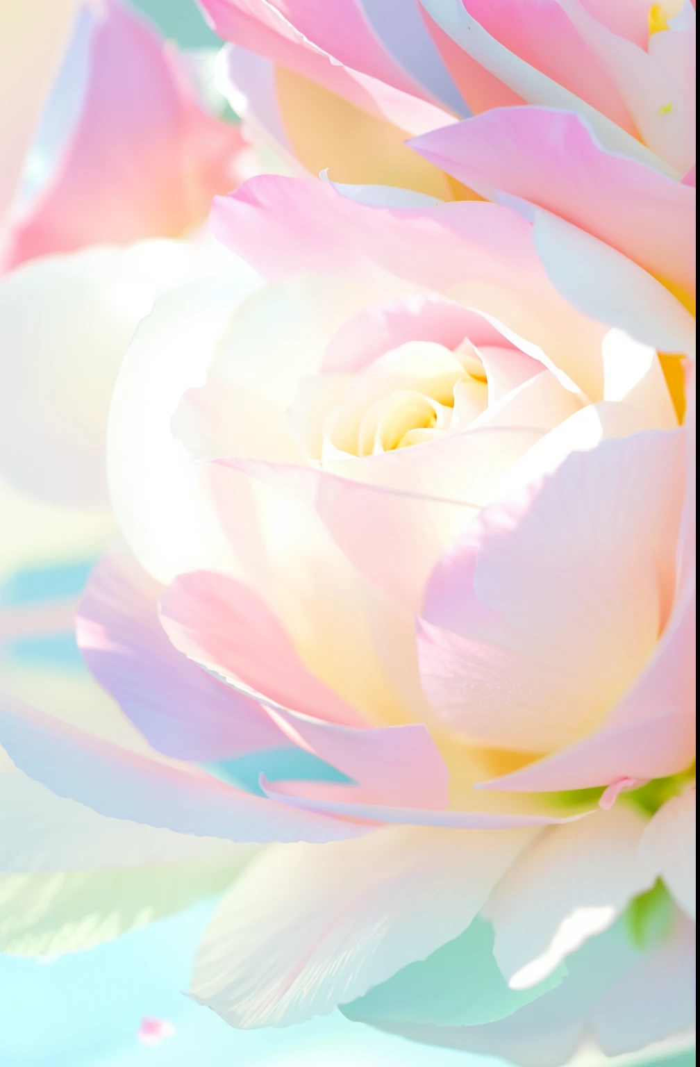 (best quality,4k,8k,highres,masterpiece:1.2),ultra-detailed,realistic(photorealistic,photo-realistic:1.37),blue background,pink rose close-up,soft rose,soft colors,soft hues,soft and bright pastel,soft and bright pastel colors,pastel colors,soft glow,soft lighting,soft tones,soft and vibrant colors,photo of a rose,delicate flower,soft overflowing,rose background,colorful pastels,Close ups of one blooming flowers with minimal petals, multiple colors, transparent texture, stronger light yellow light,light passing through the stamens, light yellow stamens,high-definition photography, rich details --ar 9:16 --s 250 --v 6.0