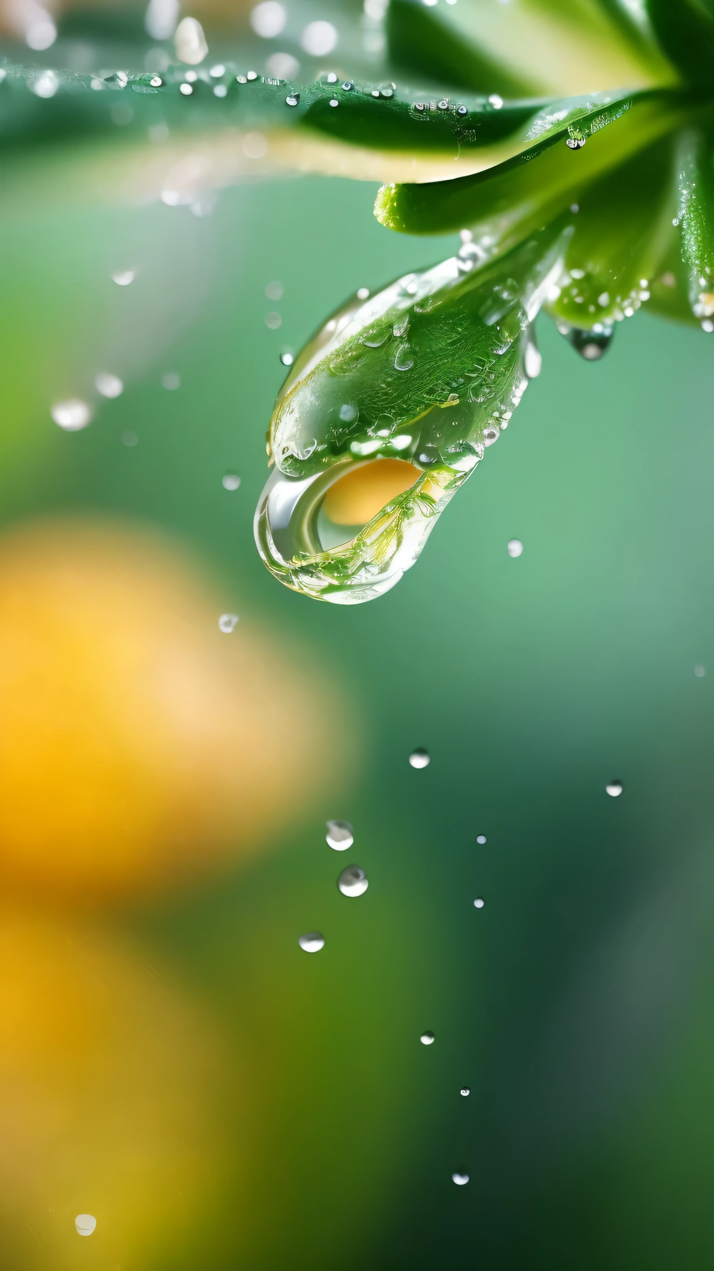 背景模糊的花上有a drop of water, water droplets, a drop of water, beautiful macro photography, 镜子滴water droplets!, Beautiful macro close-up image, water droplets, raindrop, Macro photography 8K, water dropletss, dew drops, dew drops, 迷幻的water droplets, beautiful green liquid