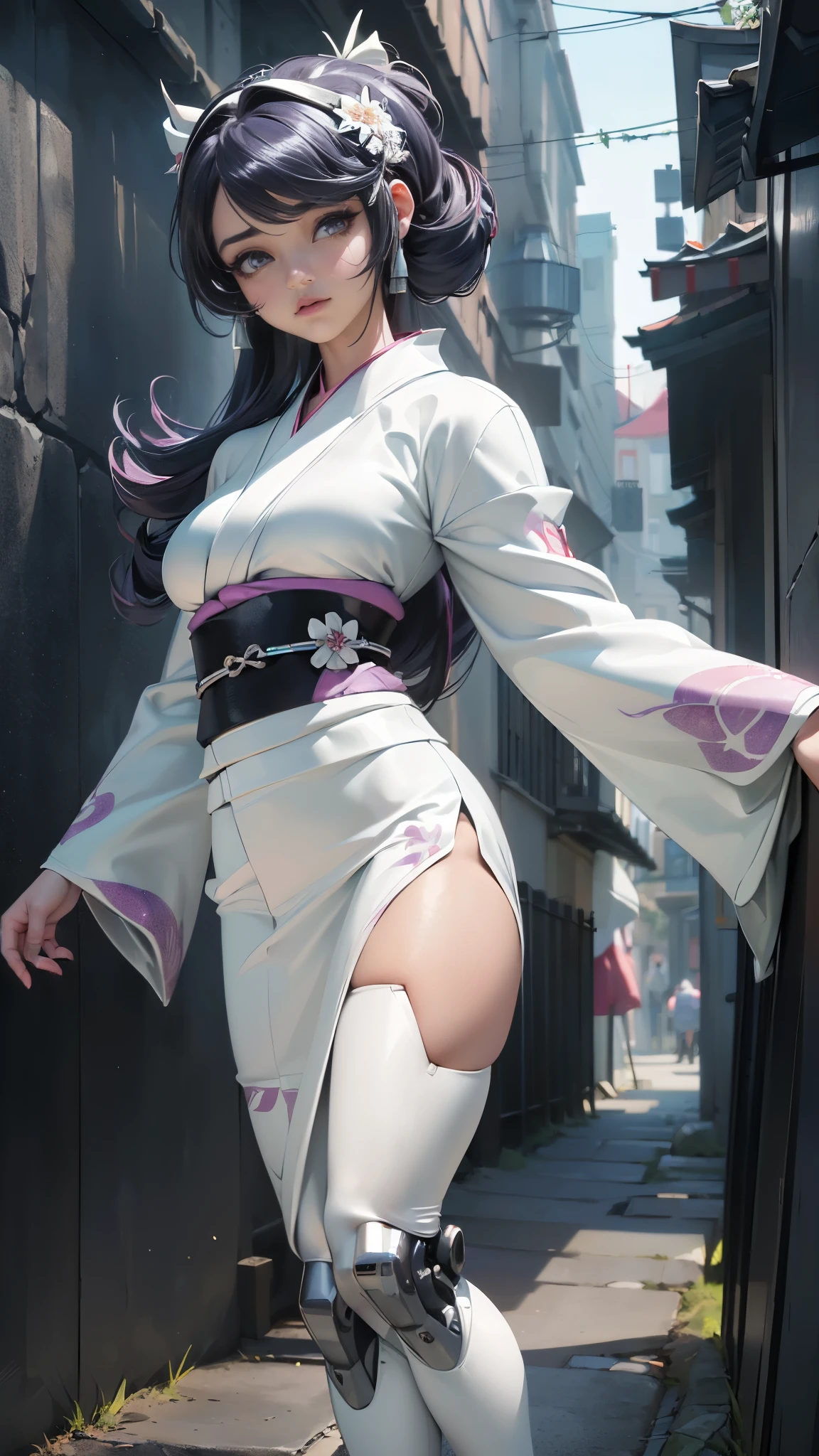 (La mejor calidad,A high resolution,Ultra - detallado,actual),Ariana Grande cyborg ciberpunk kimono 、nalgas grandes、arrodillarse, a girl with emphasis on the buttocks、Red latex body...,modo ciberpunk、pose sexy、(minifalda blanca pisoteando cyborg kimono :1.4), (Usar polainas amarillas en la parte inferior del cuerpo、Agrandamiento de los senos、Neon lights in the dark city at night...,motor irreal:1.4,hd,La mejor calidad:1.4, fotorrealista:1.4, textura de la piel:1.4, obra maestra:1.8,obra maestra, mejor calidad,(Beautiful and detailed description of the eye...),( neon blue cyborg),(perfect anatomy),(dedos detailed :1.4 ),white cyborg latex bodysuit,,( perfect anatomy 2.1), (estilo ciborg kawaii plateado metalizado :1.4), (background alley walls big stones :1.4), (Solo), (ciborg de batalla white kimono :1.6), (Year 2050),