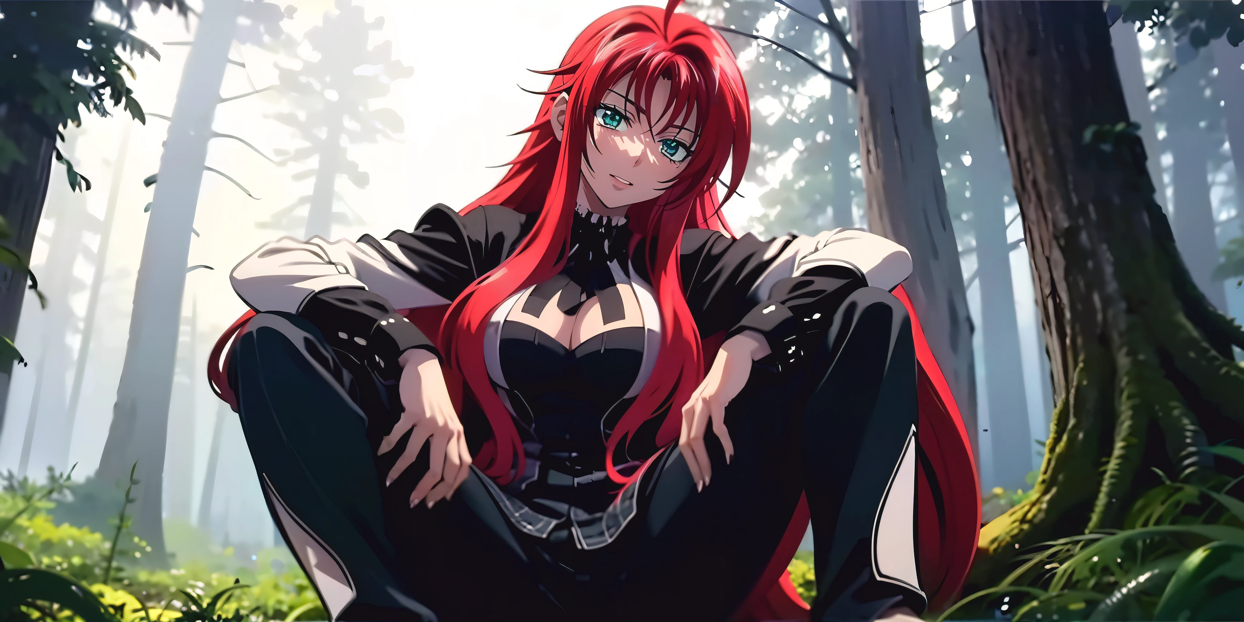 rias gremory, long hair, red hair, ahoge, large breasts, wide hips, thighs, mature female, 1girl, open_mouth, sitting, tree, nature, forest, outdoors, grass, huge breasts,  (shaded face:1.2), hollow eyes, aqua eyes, looking at viewer, facing viewer, smirk, upper teeth, lips, glowing eyes,
