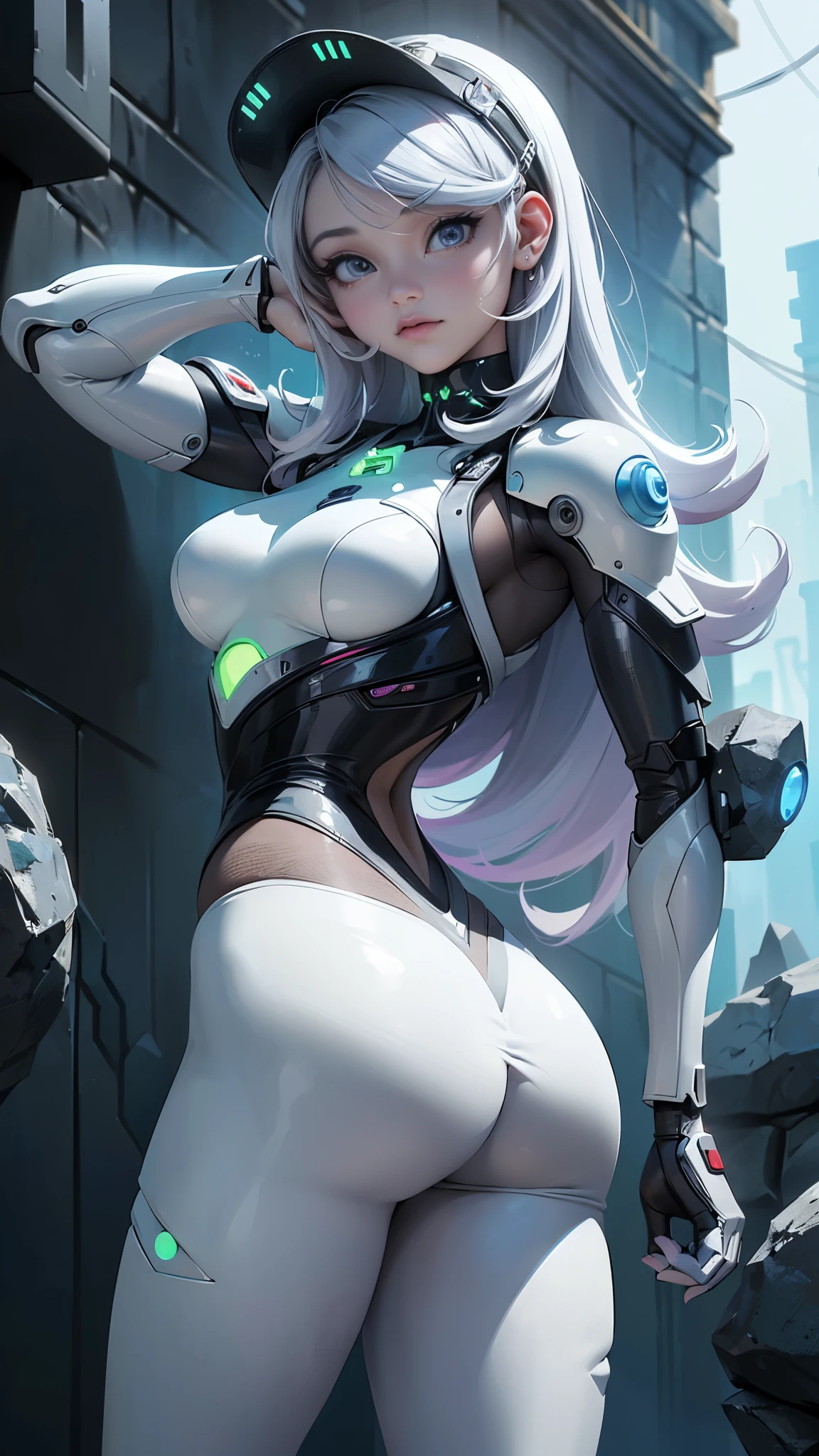 (La mejor calidad,A high resolution,Ultra - detallado,actual),Ariana Grande cyborg ciberpunk 、nalgas grandes、arrodillarse、Electronic visor attached to the face of a with emphasis on the buttocks、Red latex body..,modo ciberpunk、pose sexy、(minifalda blanca pisoteando cyborg :1.4), (Usar polainas amarillas en la parte inferior del cuerpo、Agrandamiento de los senos、Neon lights in the dark city at night..,motor irreal:1.4,hd,La mejor calidad:1.4, fotorrealista:1.4, textura de la piel:1.4, obra maestra:1.8,obra maestra, mejor calidad,(Beautiful and detailed description of the eye..),( neon blue cyborg),(perfect anatomy),(dedos detailed :1.4 ),white cyborg latex bodysuit,,( perfect anatomy 2.1), (estilo ciborg kawaii blue :1.4), (background alley walls big stones :1.4), (Solo), (ciborg de batalla white :1.6), (Year 2050)