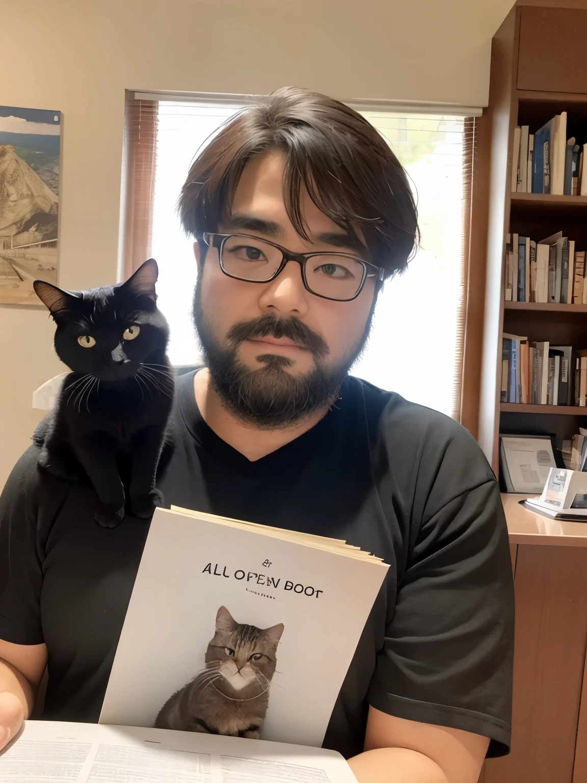 solo, looking at viewer, short hair, shirt, black hair, 1boy, male focus, glasses, indoors, book, black shirt, facial hair, animal, cat, beard, realistic, mustache, black cat, poster \(object\)