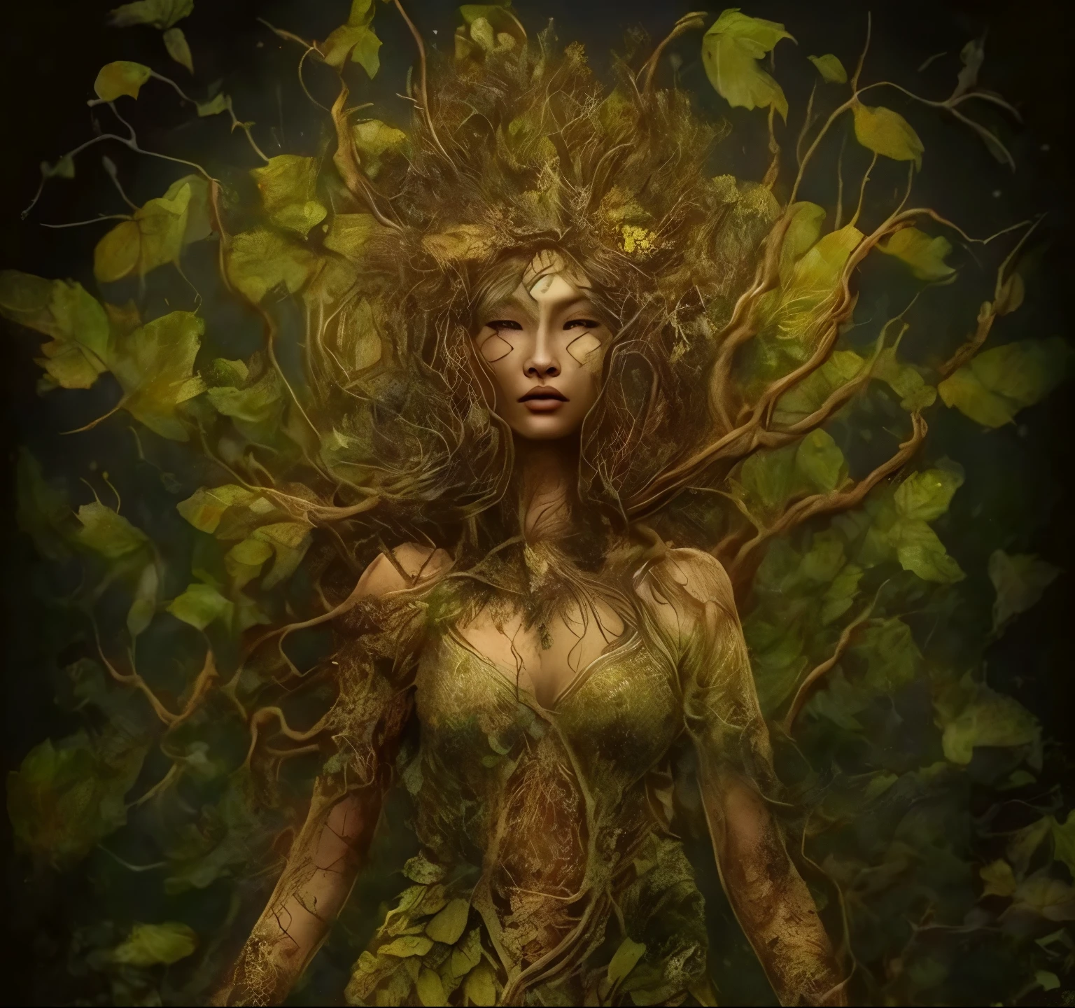 One has a tree head on its head、woman with leaves on head, Jungle goddess,精致Creative illustration, green，Earth Goddess Myth, Dryad, beautiful elegant Dryad, forest Dryad, nature goddess,Creative illustration