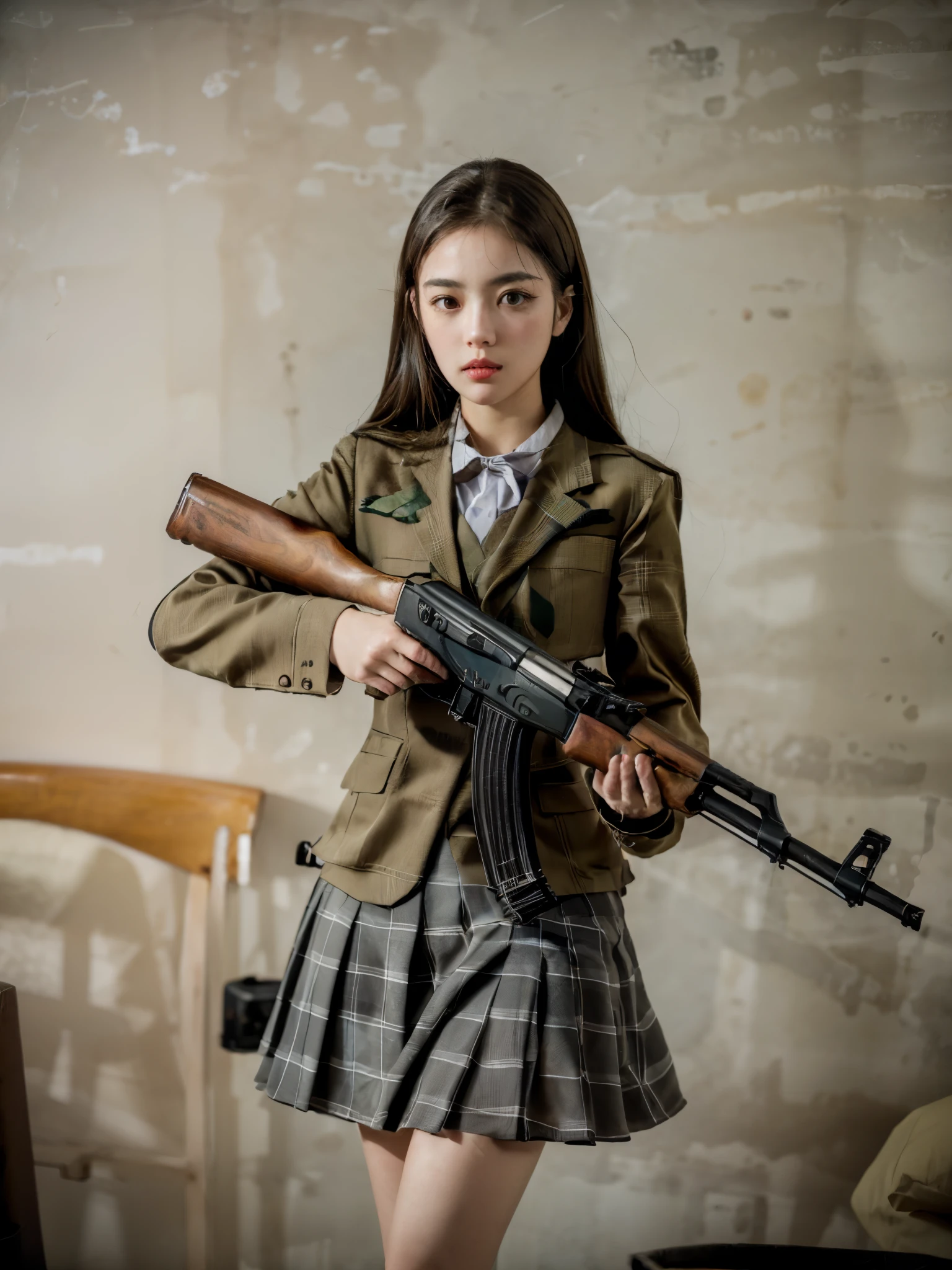 masterpiece, best quality, high resolution, extremely detailed CG,  1girl, school uniform, holding gun, ak-47, akm, assault rifle, kalashnikov rifle, (aiming:1.2), finger on trigger,