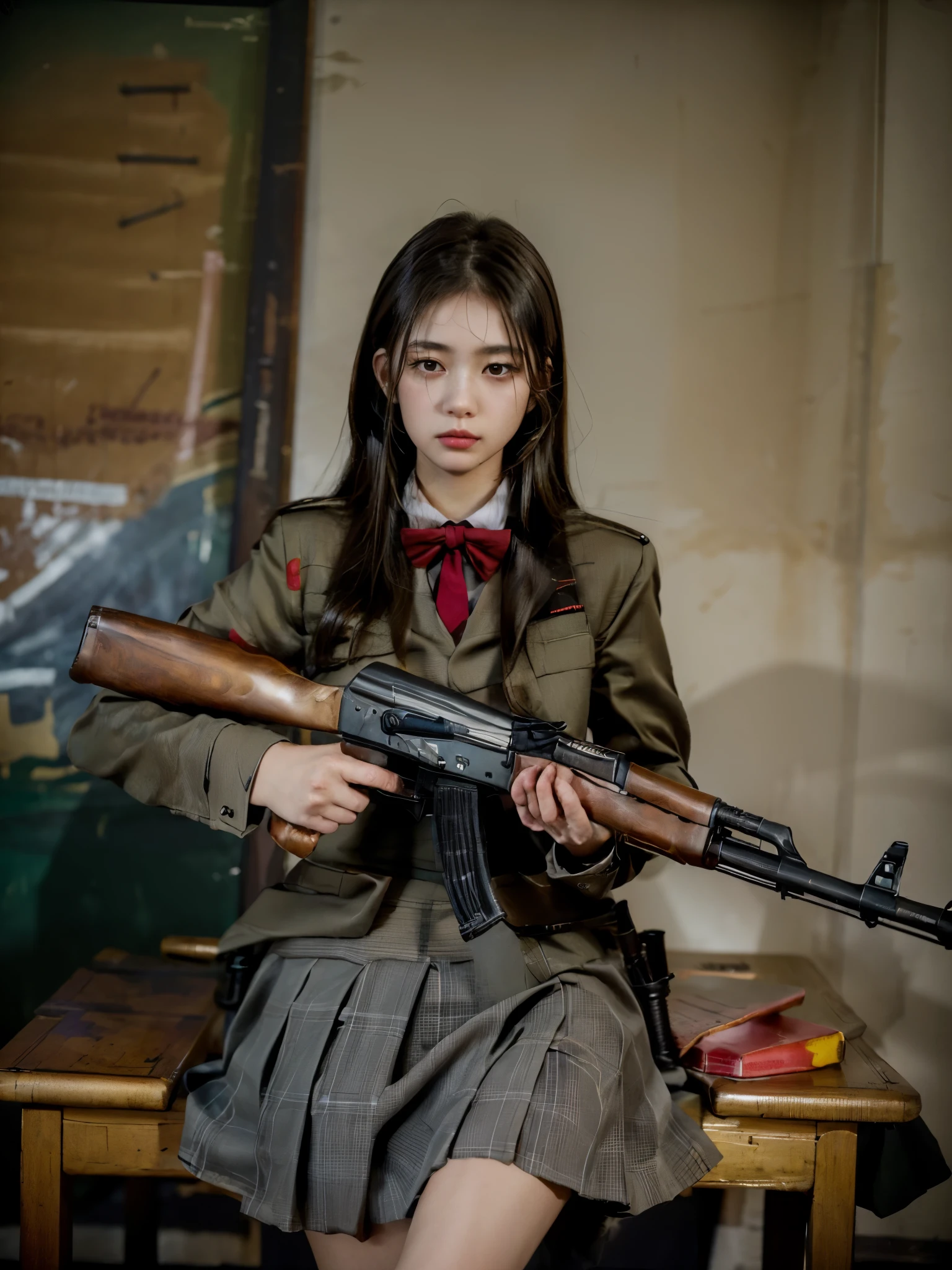 masterpiece, best quality, high resolution, extremely detailed CG,  1girl, school uniform, holding gun, ak-47, akm, assault rifle, kalashnikov rifle, (aiming:1.2), finger on trigger,