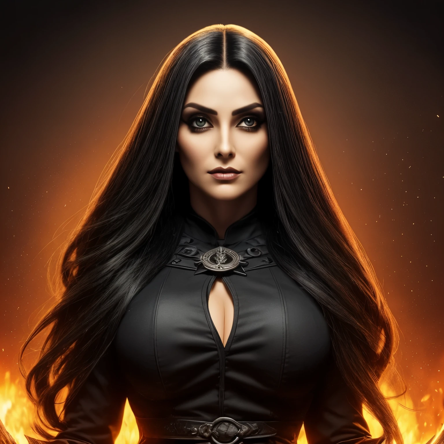 Mulher de cabelos pretos, ondulados ,inquisition witch with big eyes and dark background, como se estivesse pegando fogo