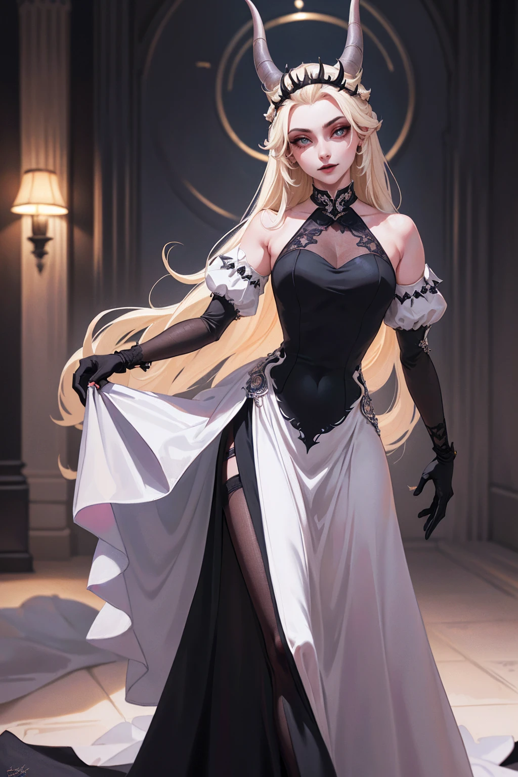 (Lilith:1.2), (grey/gray skin, grey sclera, long blonde hair, white iris, demon horns, makeup), (DefaultOutfit:1.2), (long dress, sleeves, gloves, black dress:1.5), (castle, inside a castle, Victorian theme), (realistic:1.2), (masterpiece:1.2), (upper-body-shot:1),(Cowboy-shot:1.2), neon lighting, dark romantic lighting, (highly detailed:1.2),(detailed face:1.2), (gradients), colorful, detailed eyes, (detailed landscape:1.2), (natural lighting:1.2), (powerful pose:1.2), (solo, one person, 1girl:1.5), lilith, hazbin , black dress, perfect fingers, walking, dancing, laughing