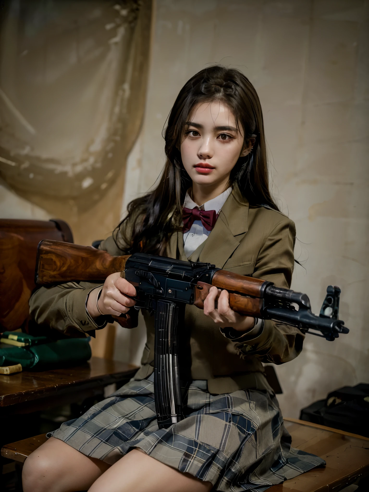 masterpiece, best quality, high resolution, extremely detailed CG, 1girl, school uniform, holding gun, ak-47, akm, assault rifle, kalashnikov rifle, (aiming:1.2), finger on trigger,