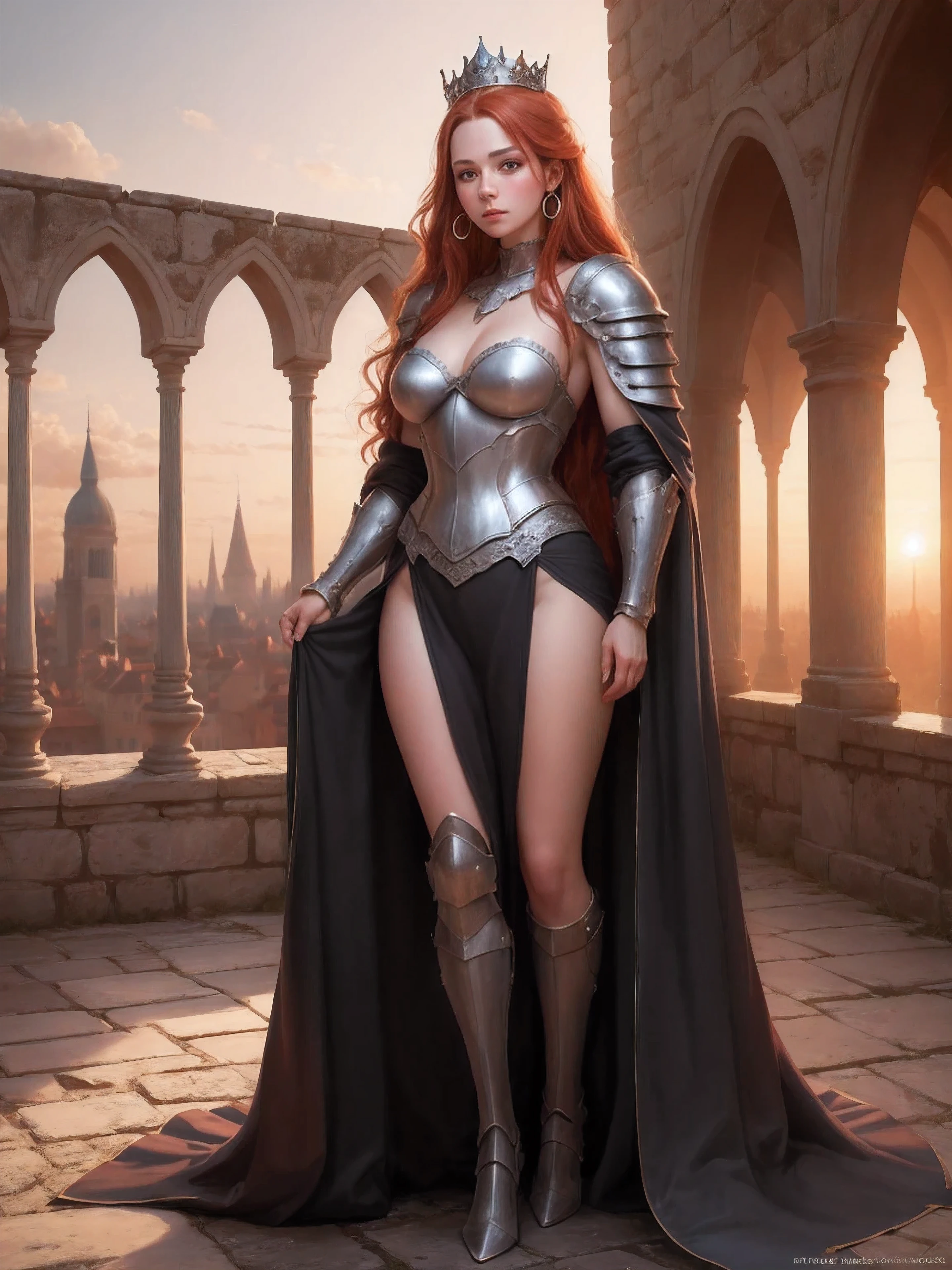 Obra maestra, detallado, realista, SFW, 1 mujer, Joven, pelo largo de color rojo, Brown eyes, tez blanca, pendientes largos, armadura medieval, corona de princesa, cuerpo completo, atardecer, Castillo medieval al fondo.