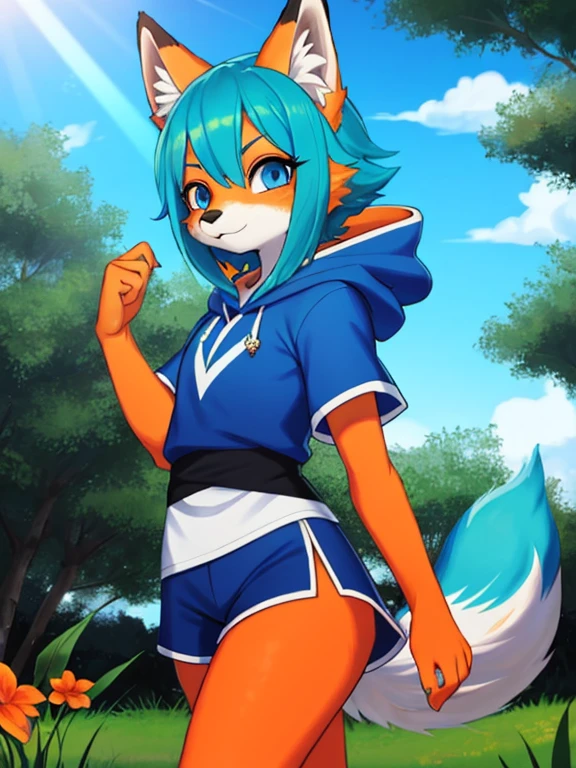 1. A girl wearing a blue hooded short sleeve shirt, orange and white fox fur tail, black, and blue eyes in an outdoor setting, with a green hair and zorro, peludo, zorro, pelague naranja y blanco, human, blue eyes, green hair, orange and white fox fur tail, blue hooded short sleeve shirt, black shorts, exterior.pechos medianos,vestido largo,