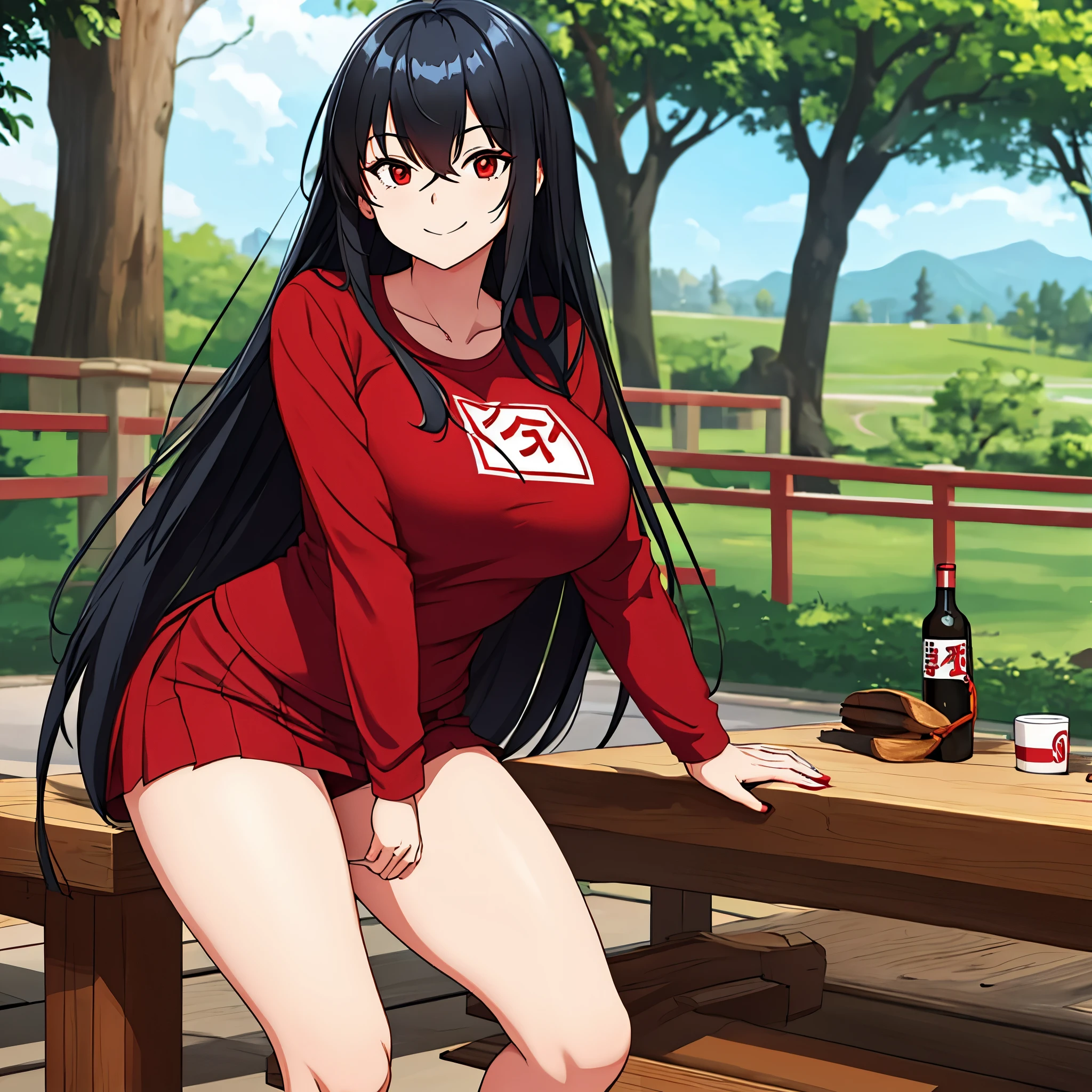 a woman wearing a long red shirt with Japanese lettering on the shirt, long black hair, red eyes, smiling, perfect hands, perfect arms, perfect legs, in a park.
