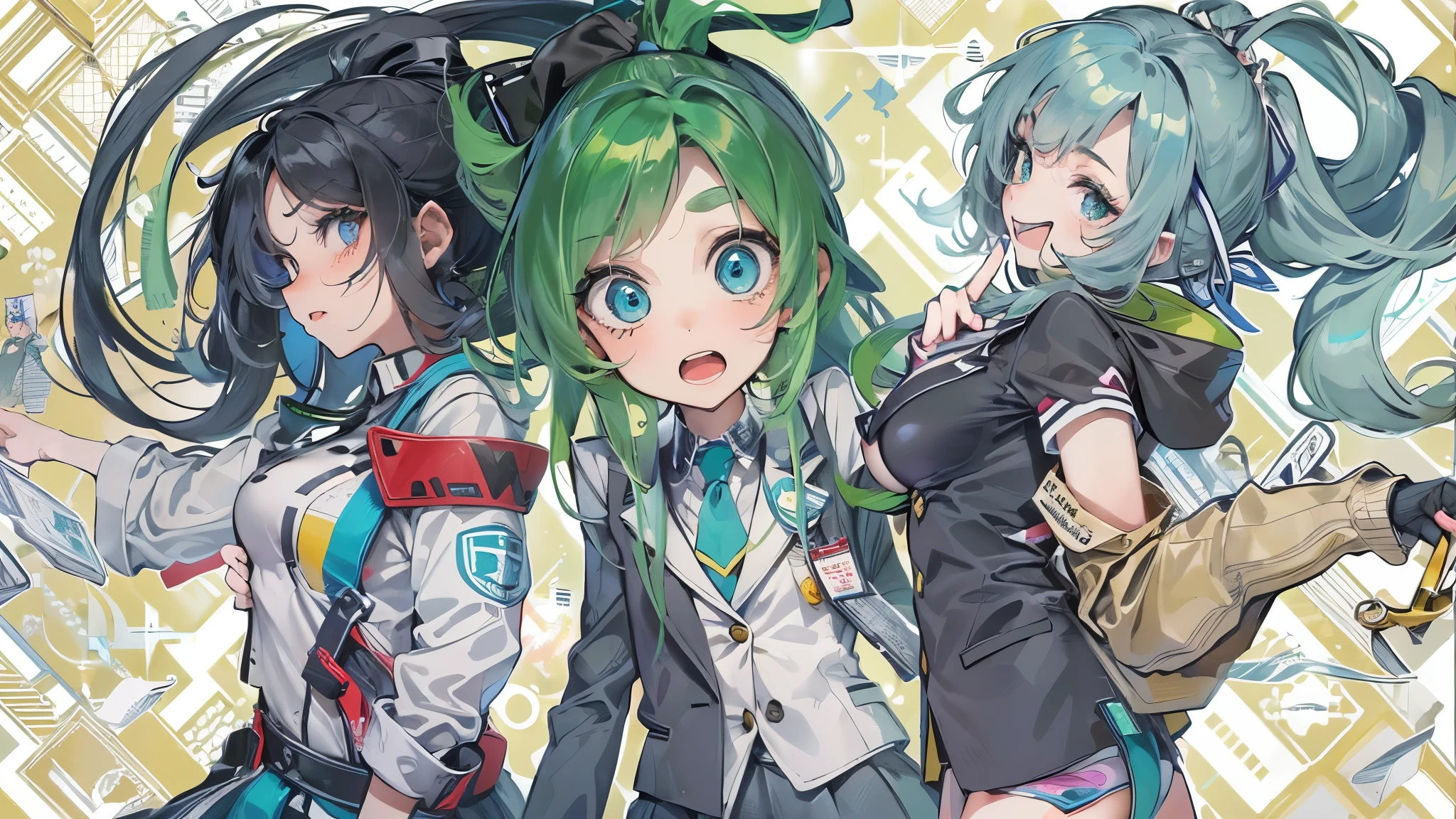 (((3 girls))), (in a school blazer), 
(((3 girls people-completely different hairstyles))),  
(a ponytail green hair long hair cute girl),
(a forehead:0.5 blue hair long hair lovely girl), break,
((a black straight long hair femdom girl, bigboobs)),
(background is Castle)  break, masterpiece:1.3, best quality.