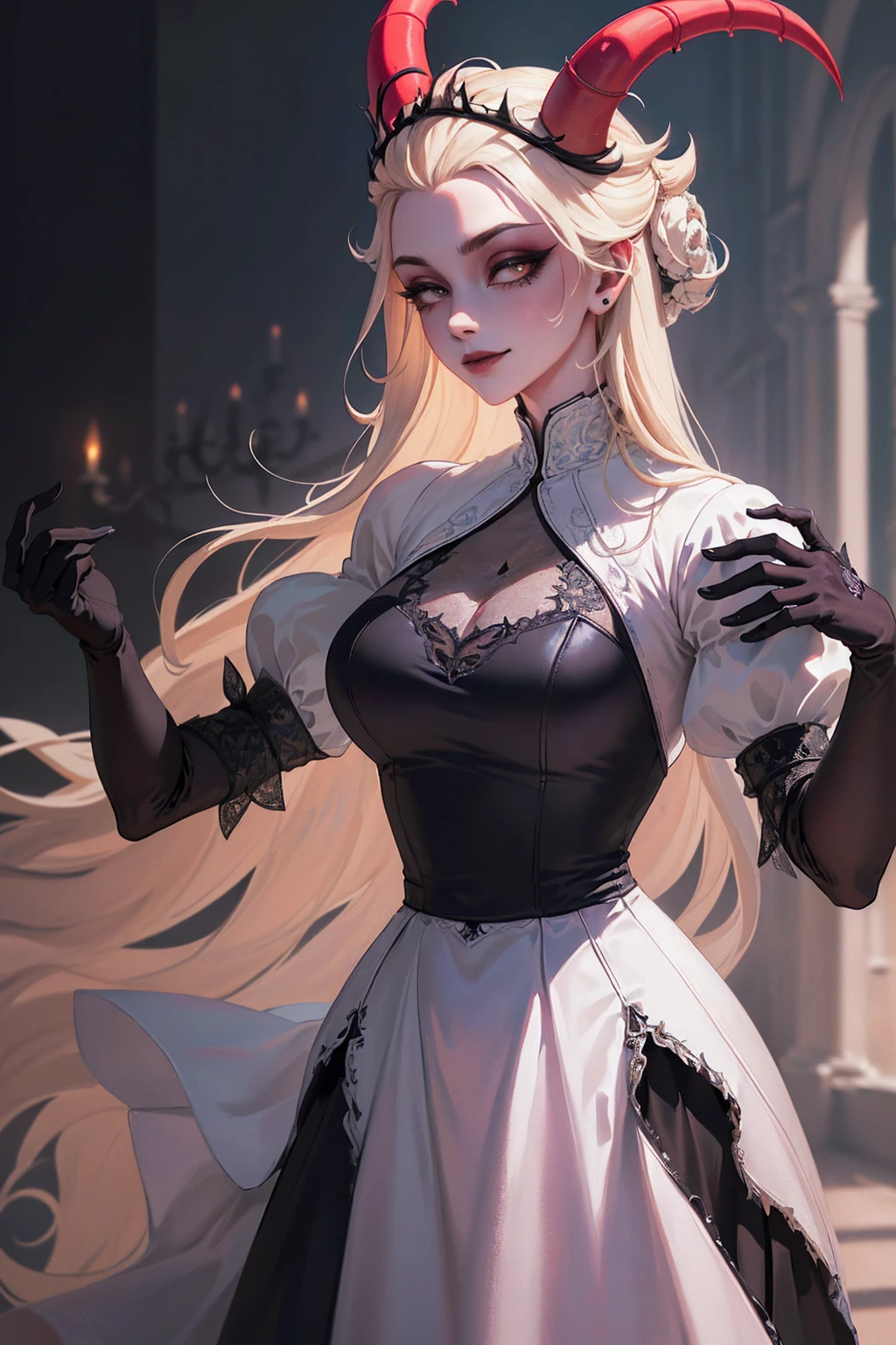 (Lilith:1.2), (grey/gray skin, grey sclera, long blonde hair, white iris, demon horns, makeup), (DefaultOutfit:1.2), (long dress, sleeves, gloves, black dress:1.5), (castle, inside a castle, Victorian theme), (realistic:1.2), (masterpiece:1.2), (upper-body-shot:1),(Cowboy-shot:1.2), neon lighting, dark romantic lighting, (highly detailed:1.2),(detailed face:1.2), (gradients), colorful, detailed eyes, (detailed landscape:1.2), (natural lighting:1.2), (powerful pose:1.2), (solo, one person, 1girl:1.5), lilith, hazbin , black dress, perfect fingers, walking, dancing, smilling