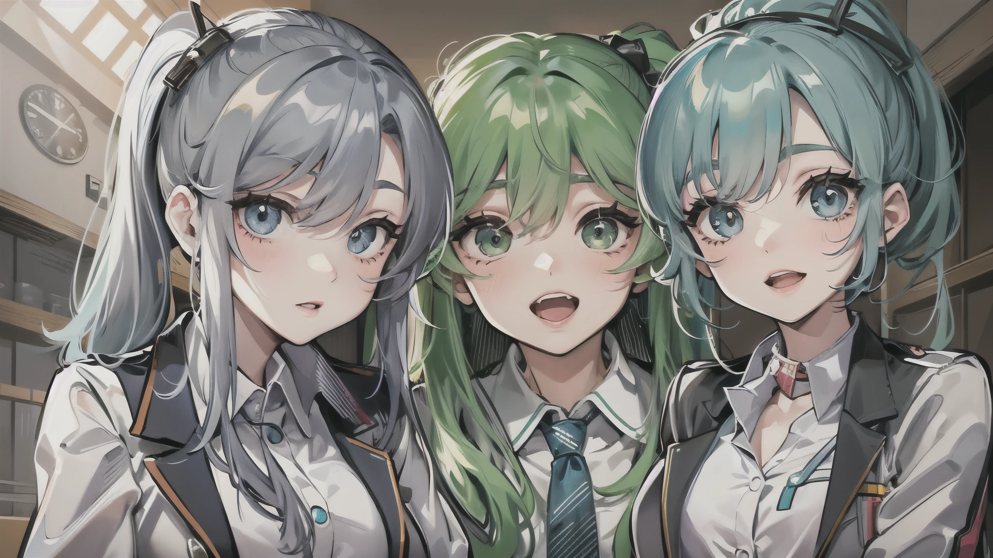 (((3 girls))), (in a school blazer),
(((3 girls people-completely different hairstyles))),
(a ponytail green hair long hair cute girl),
(a forehead:0.5 blue hair long hair lovely girl), break,
((a black straight long hair femdom girl, bigboobs)),
(background is Castle) break, masterpiece:1.3, best quality.