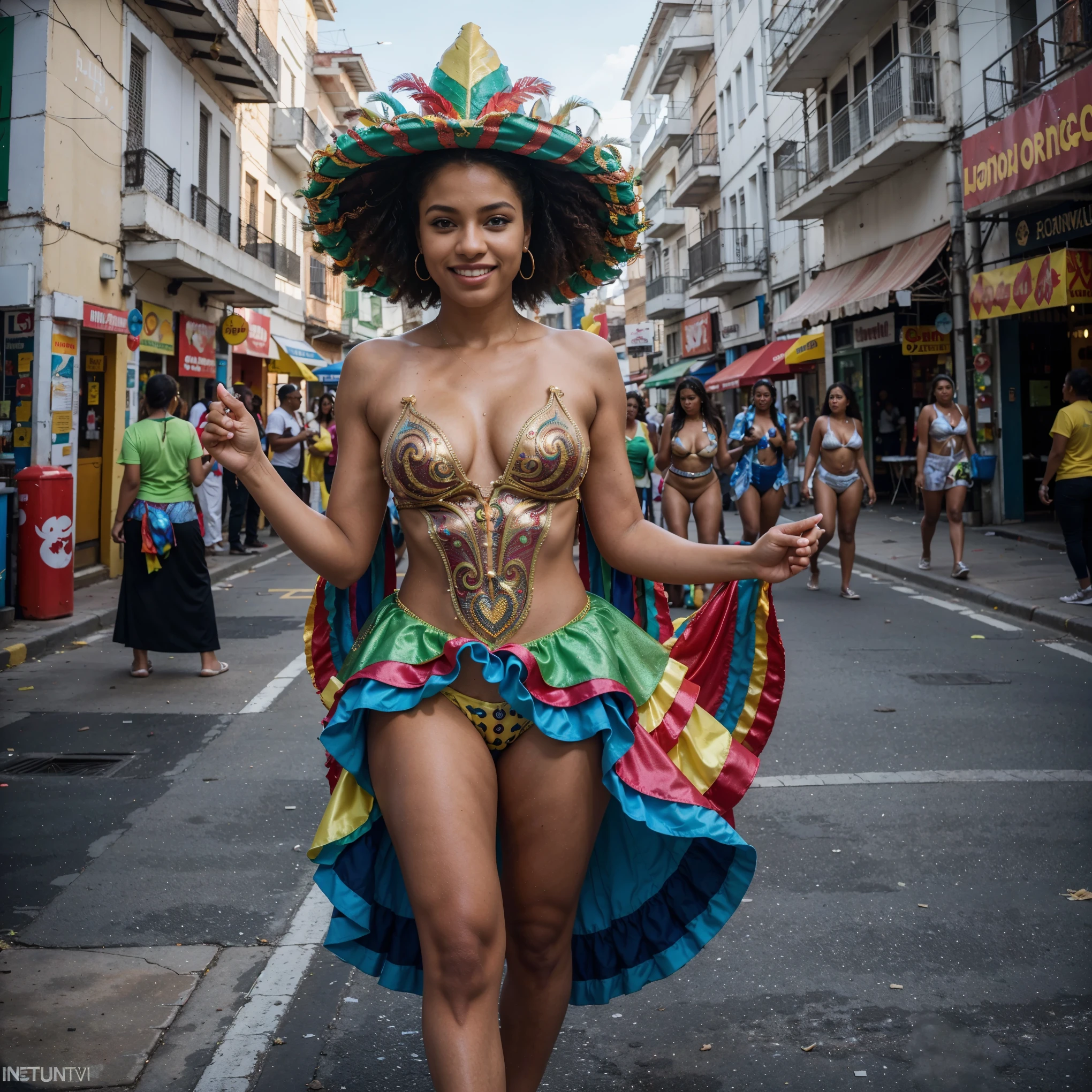 Barranquilla carnival, surrounded by many beautiful carnival women, ((dressed as carnival)), walking through the streets,smile, full body shot, cinematic lighting, from below, Sony FE, 16k, highres, best quality, award winning, high quality, high details, super detail, textured skin, anatomically correct, ccurate, masterpiece, UHD
