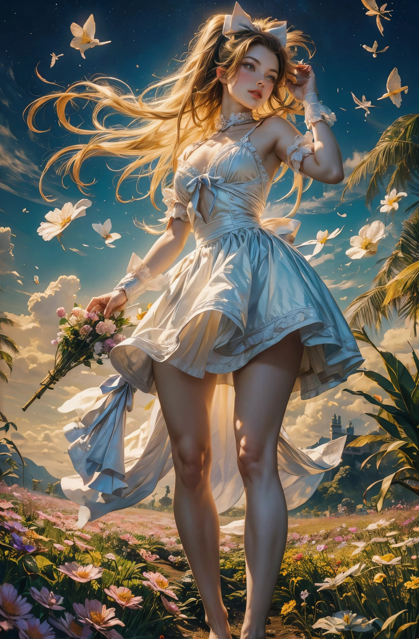 alice in wonderland, (There is a bow on the head:1.1), Upper body，有一个女孩Standing in the flower field仰望天空, 一个女孩Standing in the flower field, A girl walks in a flower field, Get lost in a fantastic wonderland, Standing in the flower field, fantastic numbers, The sky is gradually clearing, The starry sky gradually receded，(many, Impressionism, ), barefoot，barefoot，02
