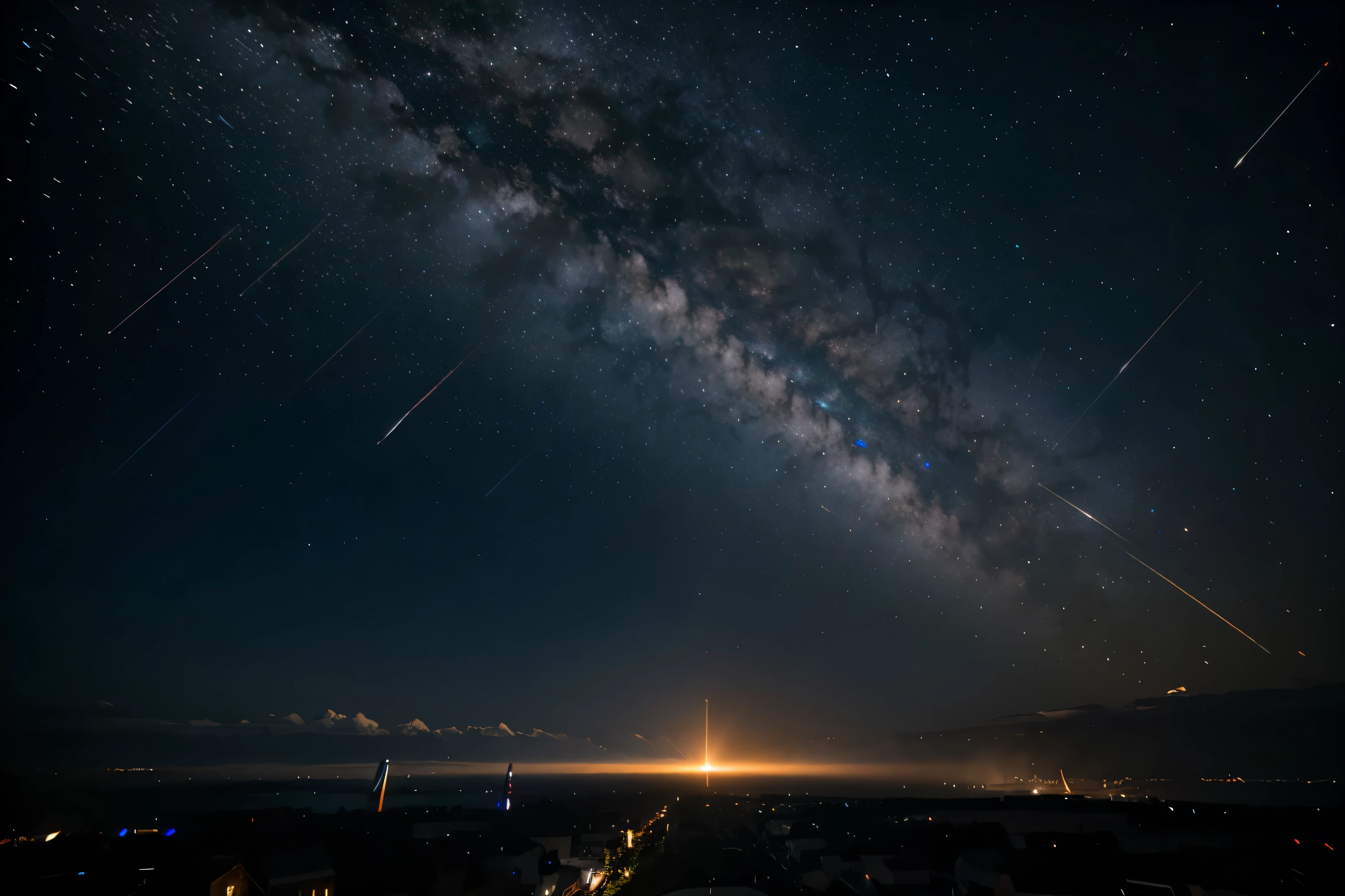 meteor shower: Fireworks in the sky, การเต้นรำของโลกผ่านเส้นทางเศษซากที่จุดประกายท้องฟ้ายามค่ำคืนด้วยmeteor shower. This phenomenon captures the imagination of onlookers around the world., It conveys awe and wonder at the cosmic ballet above.. This stunning image shows dazzling lines of light contrasting with the blackness of space., Each shooting star left a trail of brilliance for a moment.. Mesmerizing and ethereal, This image beautifully captures the magic of nature's celestial display..