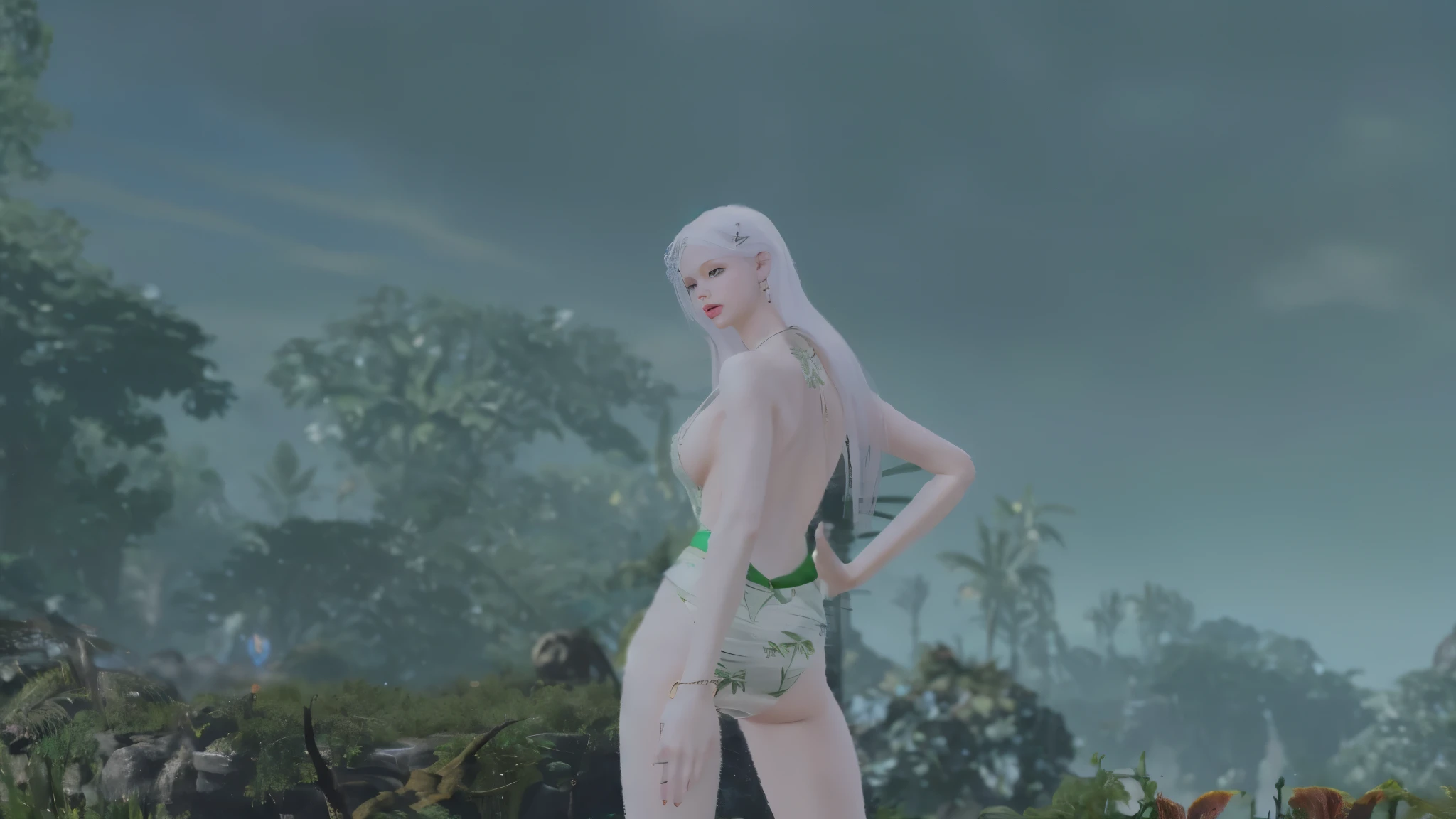 femme arafée dans une robe blanche debout dans un champ, mystique albinos, le personnage est dans sa pose naturelle, jungles in the background, from lineage 2, peau albinos, Very beautiful elven supermodel, Long white hair detailed, aux cheveux longs blancs, lineage revolution style 2, peau blanche translucide, ethereal skin, Pagne blanc