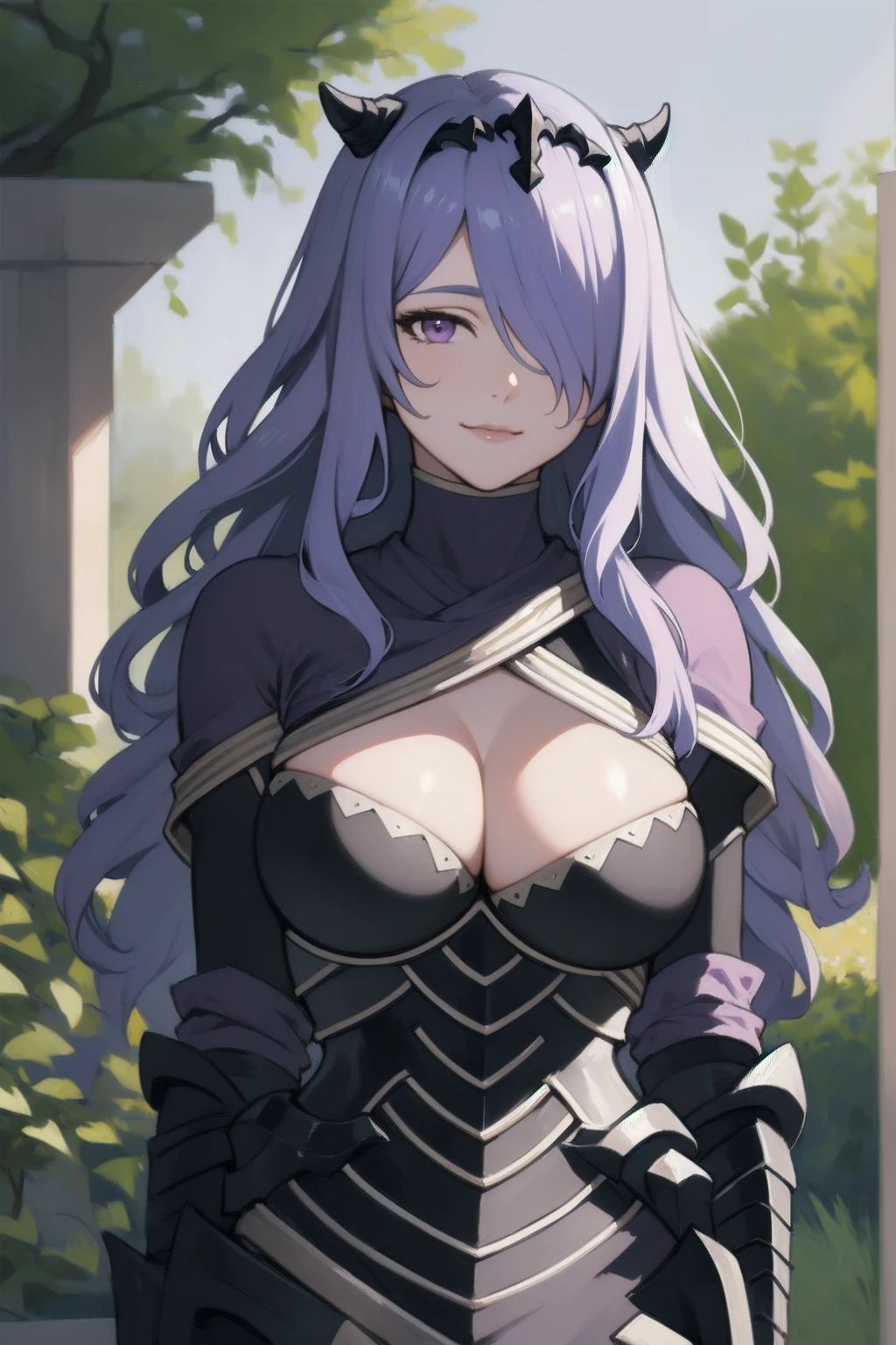 { - anatomy error}(Masterpiece - Ultra-detailed, very high resolution)masterpiece, best quality, defCamilla, tiara, armor, gloves, gauntlets, full armor, whole body, huge breasts extended arm, night, garden, smile, tired, looking at the viewer, lilac hair, dinamic poses