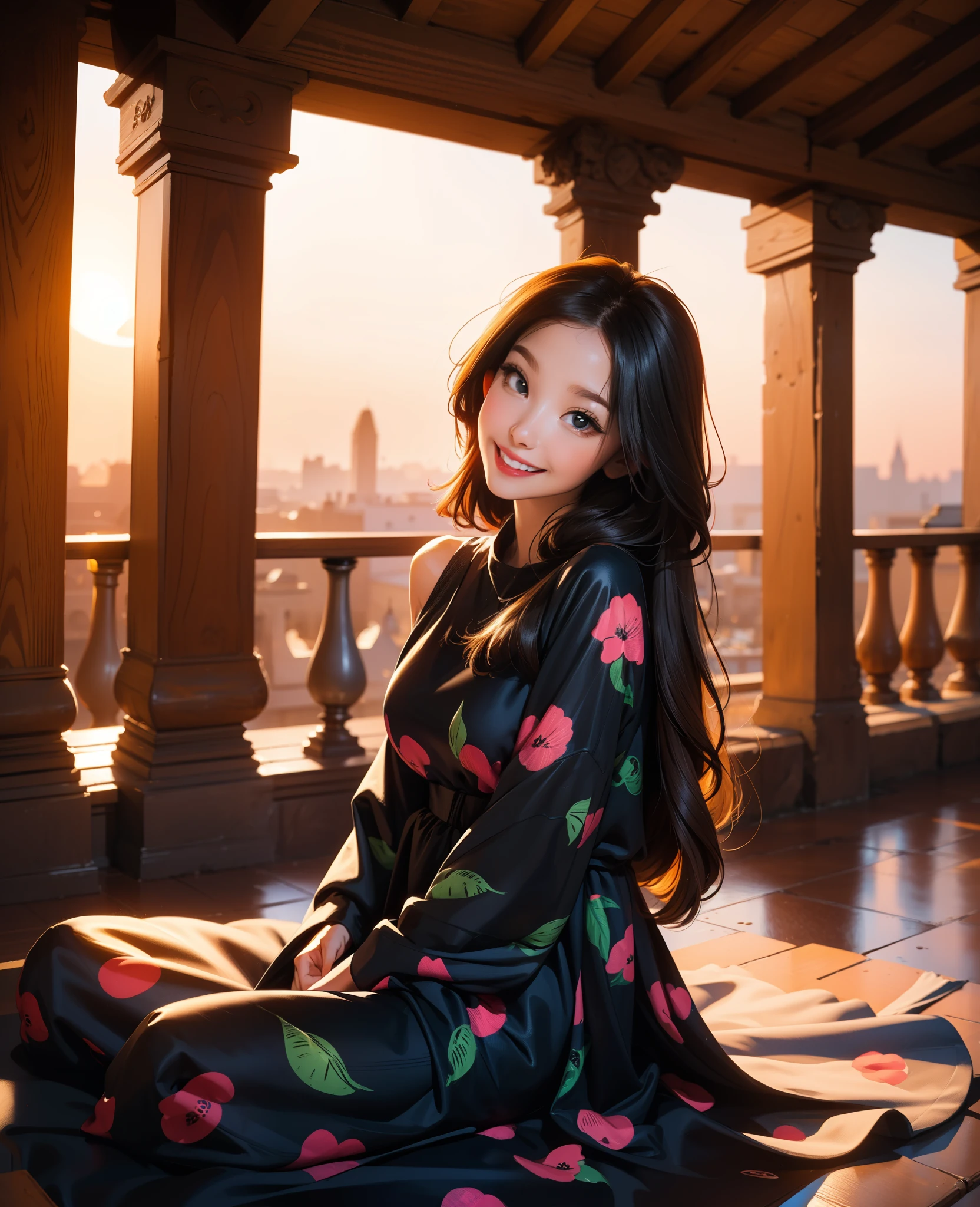 ((Top quality, 8K, Masterpiece: 1.3)), Beauty, Pure, Melon face, Kind and cute, Sweet smile, Pure desire, Slender body, (Front), (Tilted head), ((Looking at camera)) , Wearing a patterned bright dress, black silky long hair, long shoulders, round black big eyes, clear big eyes, moist red lips, sweet, sitting on the terrace, the background of the ancient city, (( (whole body))), sunset,