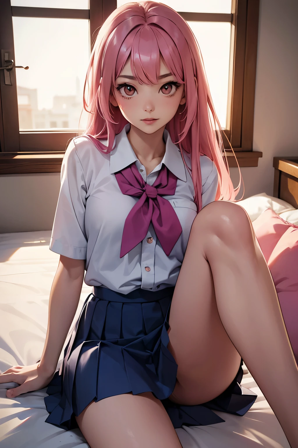 (1Girl, Half asian,  long Pink hair, frenckles, beautiful, (wearing  bluejaponese scholl uniform with skirt), brown eyes), (in a bed, posing (spread legs showing paties, at night, ((dim light))))