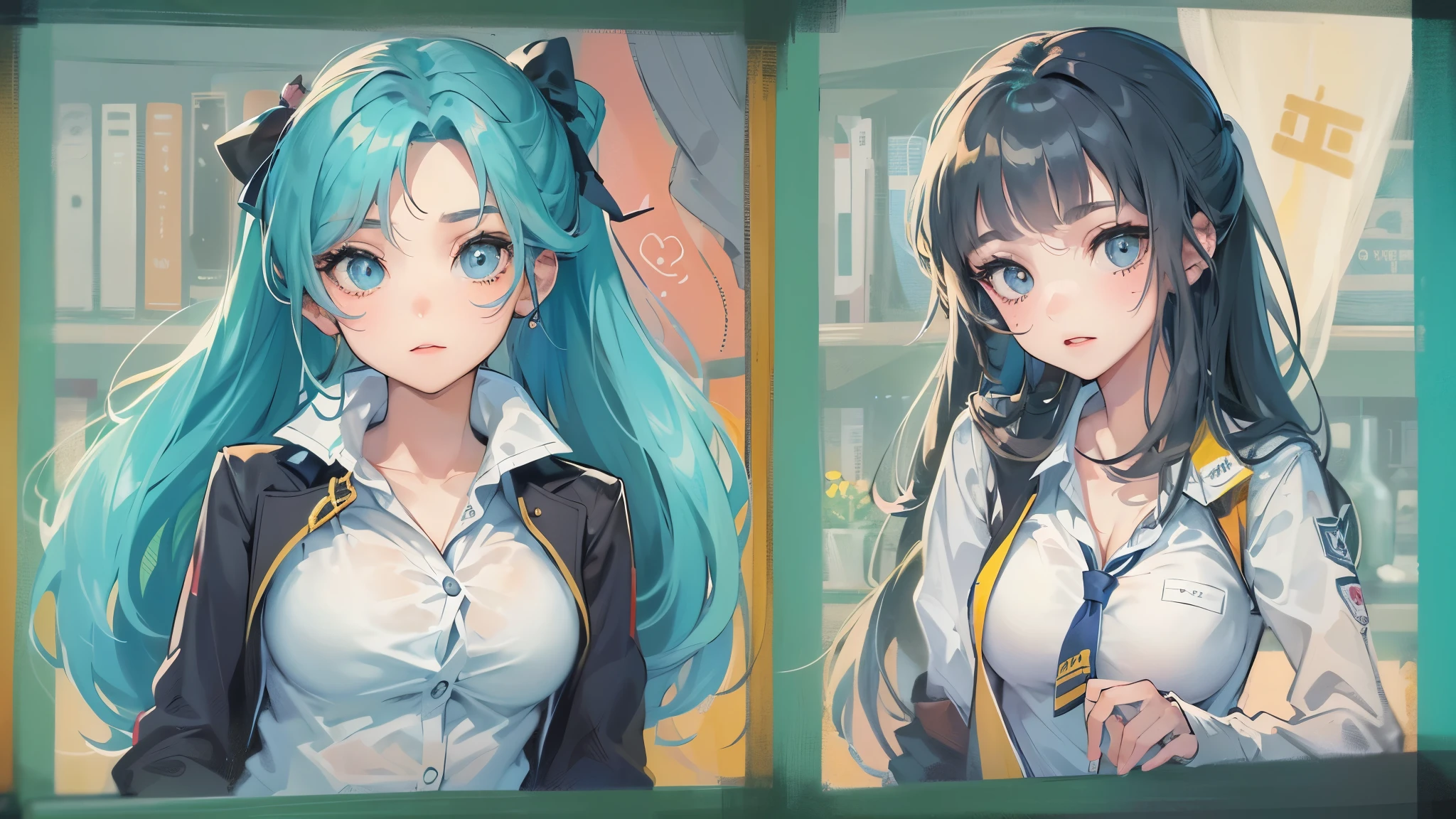 (((3 girls))), (in a school blazer),
(((3 girls people-completely different hairstyles))),
(a ponytail green hair long hair cute girl, yo),
(a forehead:0.5 blue hair long hair lovely girl, 14o), break,
((a black straight long hair femdom girl, bigboobs, 17 y),
(background is Castle) break, masterpiece:1.3, best quality.