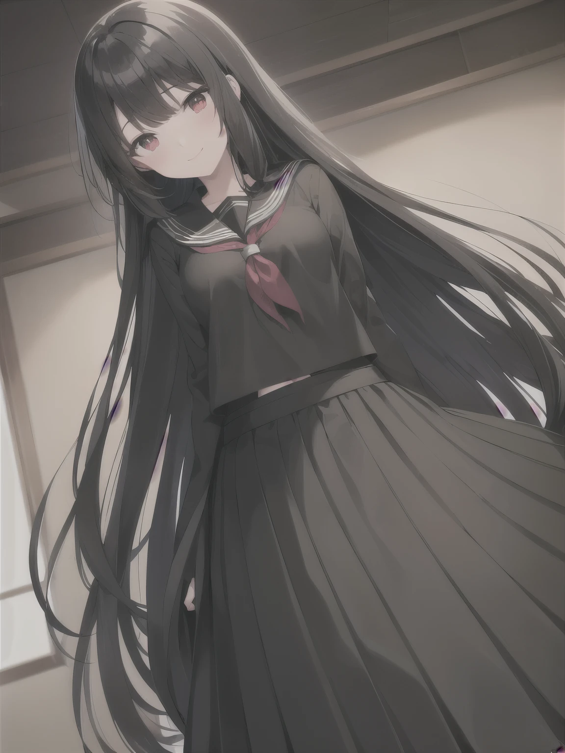 girl, black serafuku, very long hair, black hair, red eyes, light smile, indoor, very long skirt, pleated skirt, head tilt, happy, dutch angle, black skirt, hand on chest 