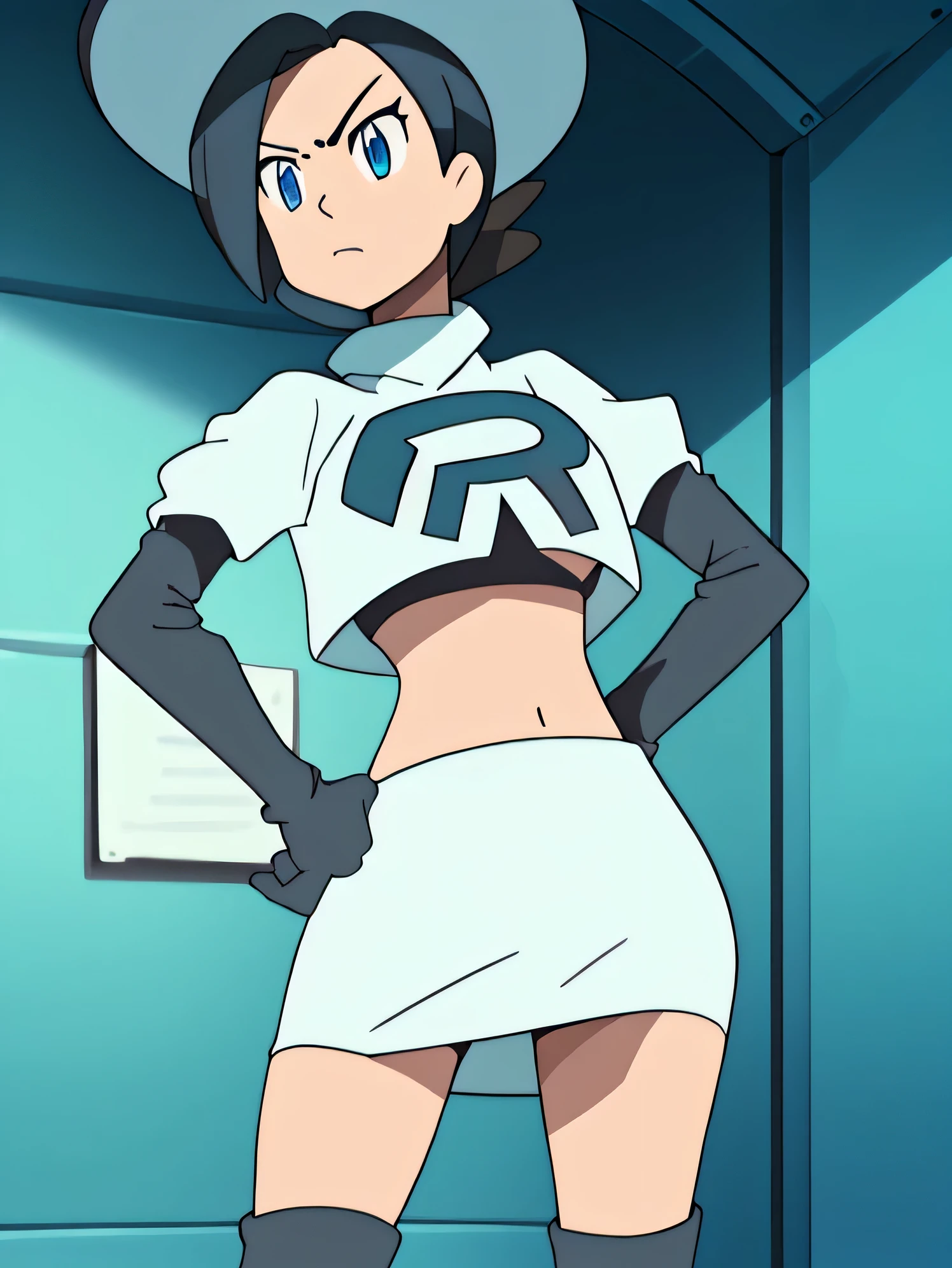 8k, ,1girl in, (solo:1.1), (perfect body:1.1), (best quality:1.1), very large breast, team rocket uniform, red letter r, white skirt,white crop top,black thigh-high boots, black elbow gloves, glaring angrily, looking down at viewer, hands on hips,zettai ryouiki,cowboy shot, top hat