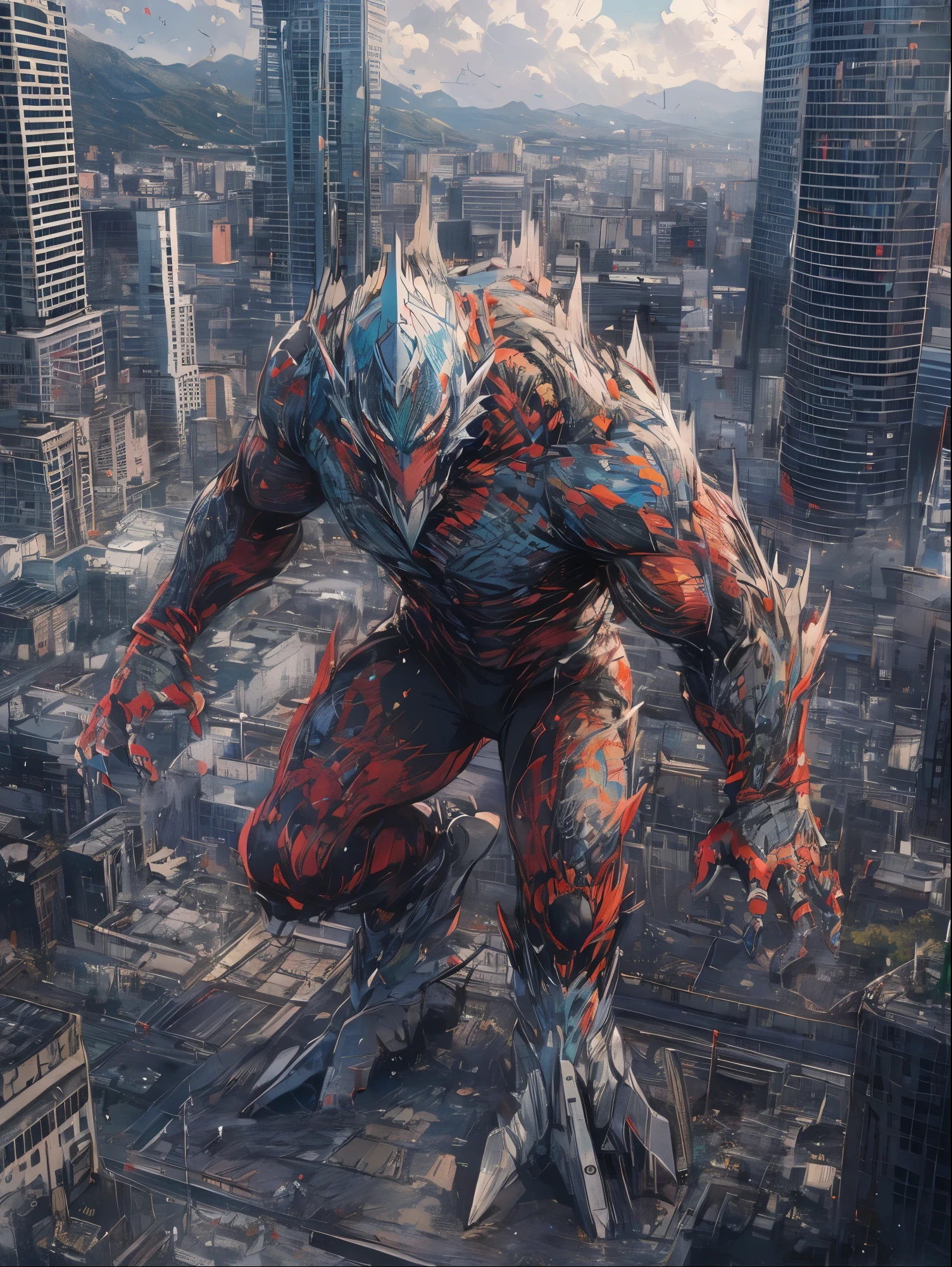 8K resolution, ((highest quality)), ((masterpiece)), ((super detailed)), monster, ウルトラマンのmonster, special effects, cool, urban area, destroyed city, whole body, dynamic, pull composition