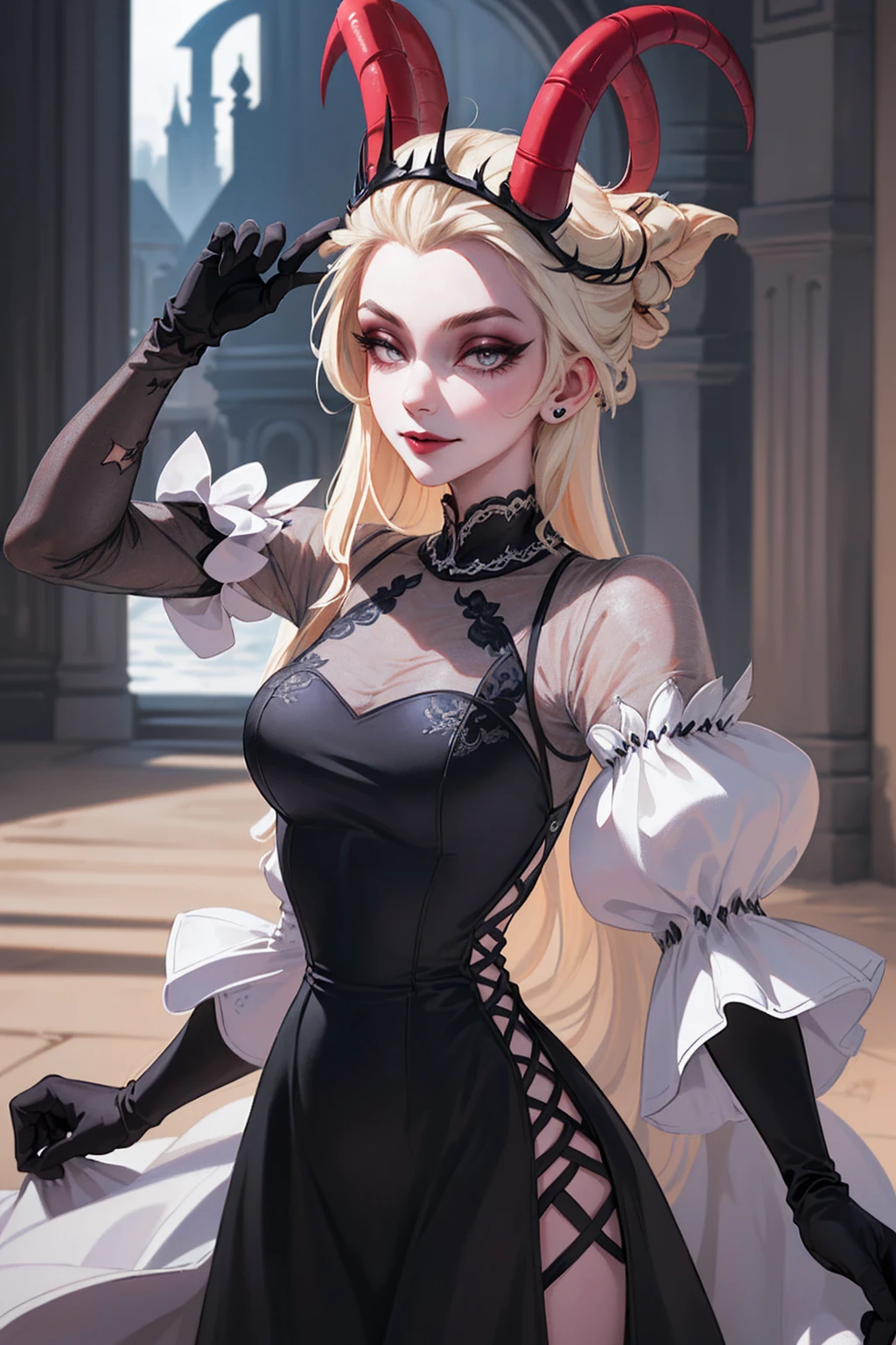 (Lilith:1.2), (grey/gray skin, grey sclera, long blonde hair, white iris, demon horns, makeup), (DefaultOutfit:1.2), (long dress, sleeves, gloves, black dress:1.5), (castle, inside a castle, Victorian theme), (realistic:1.2), (masterpiece:1.2), (upper-body-shot:1),(Cowboy-shot:1.2), neon lighting, dark romantic lighting, (highly detailed:1.2),(detailed face:1.2), (gradients), colorful, detailed eyes, (detailed landscape:1.2), (natural lighting:1.2), (powerful pose:1.2), (solo, one person, 1girl:1.5), lilith, hazbin , black dress, perfect fingers, walking, dancing, smilling